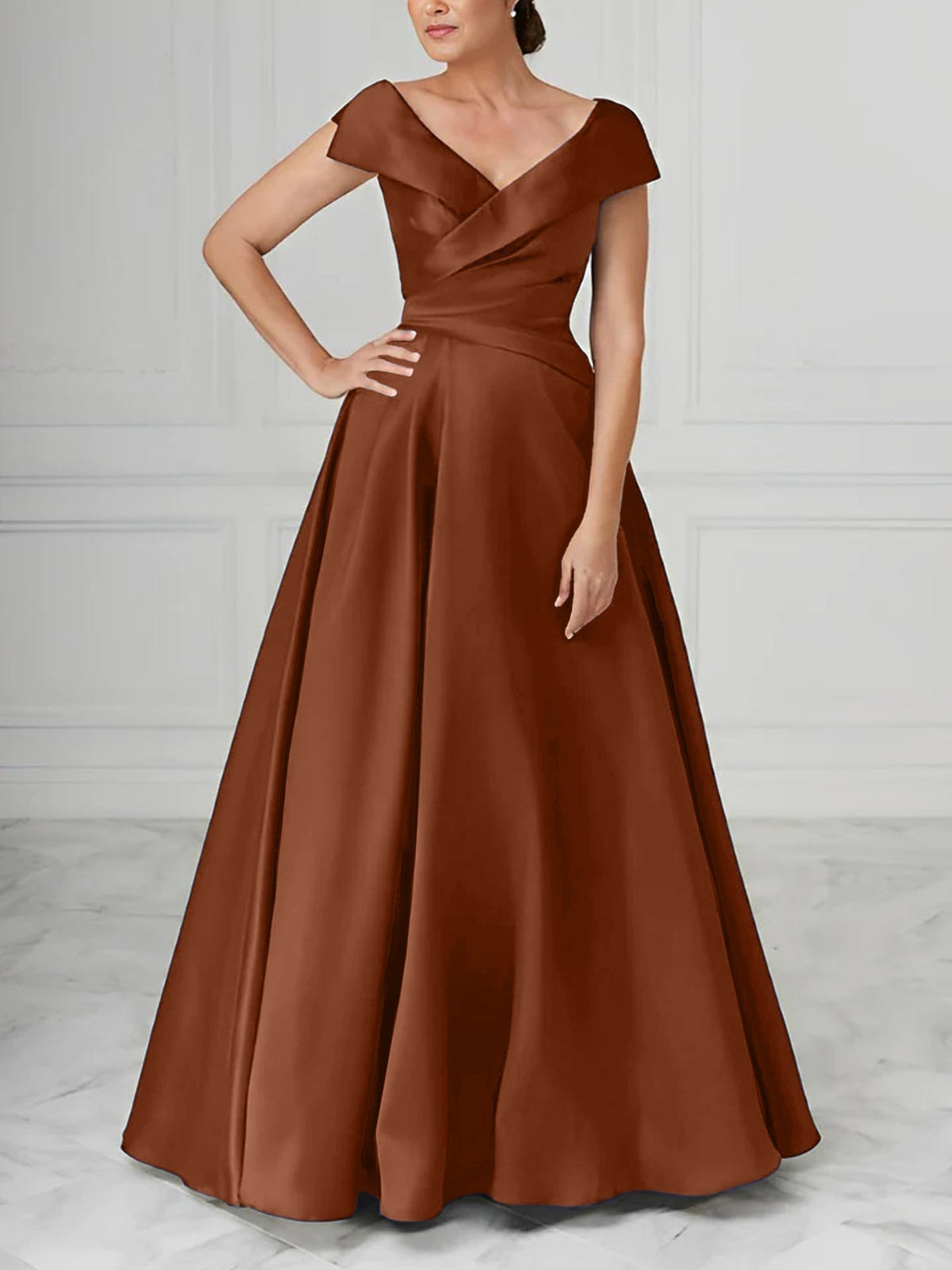 V Neck Satin A Line Mother of the Bride Dress with Ruched Details