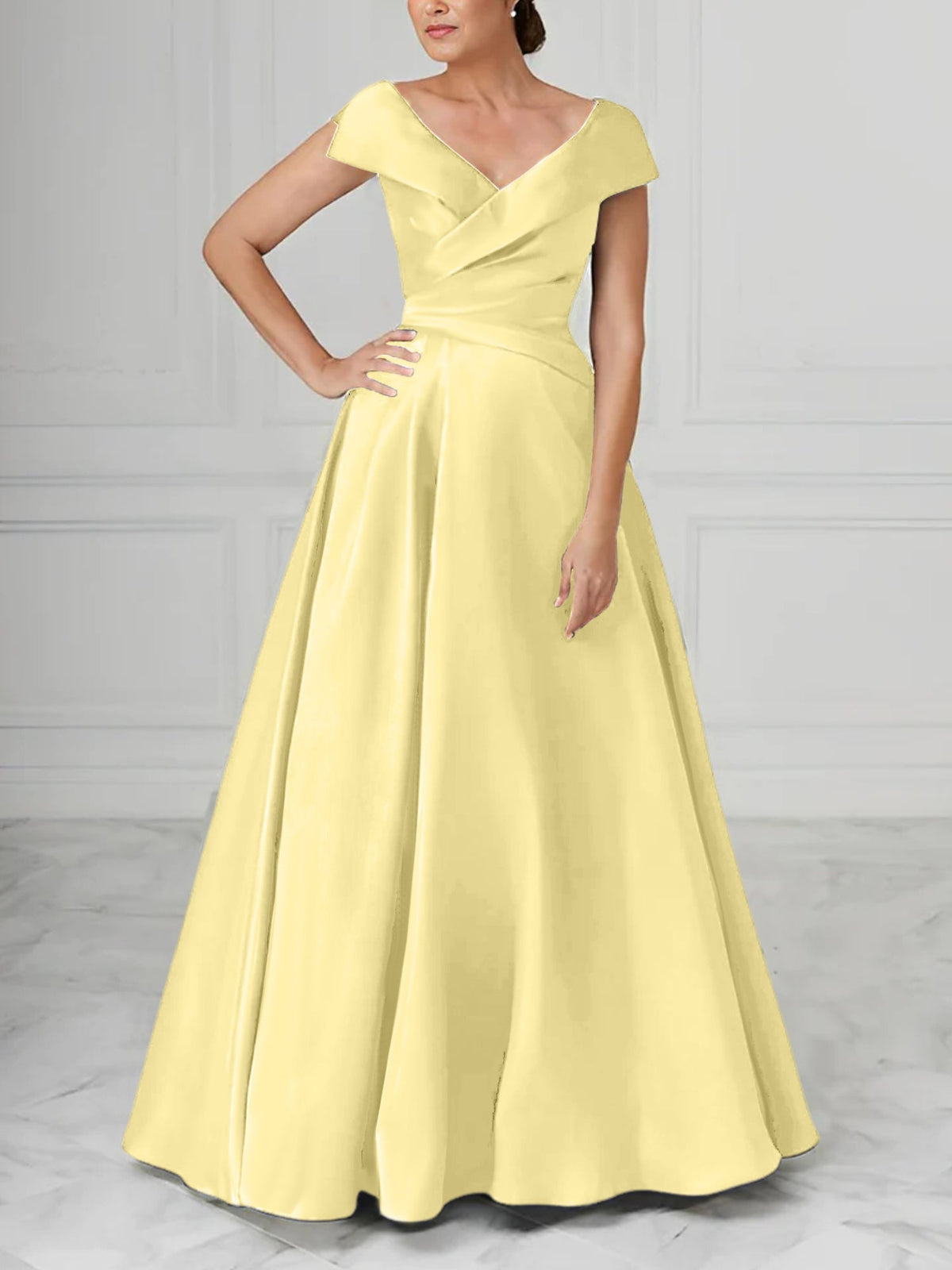 V Neck Satin A Line Mother of the Bride Dress with Ruched Details