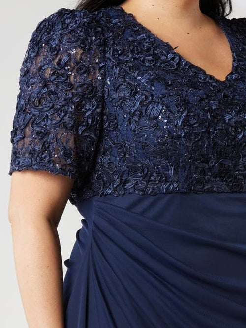 V Neck Short Sleeve Ankle Length Plus Size Sheath Column Mother of the Bride Dress with Sequins & Ruches