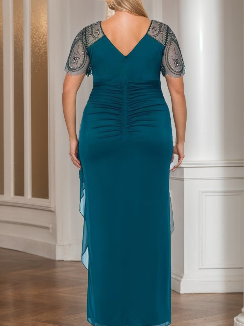 V Neck Short Sleeve Beaded Lace Ankle Length Plus Size Mother of the Bride Sheath Dress