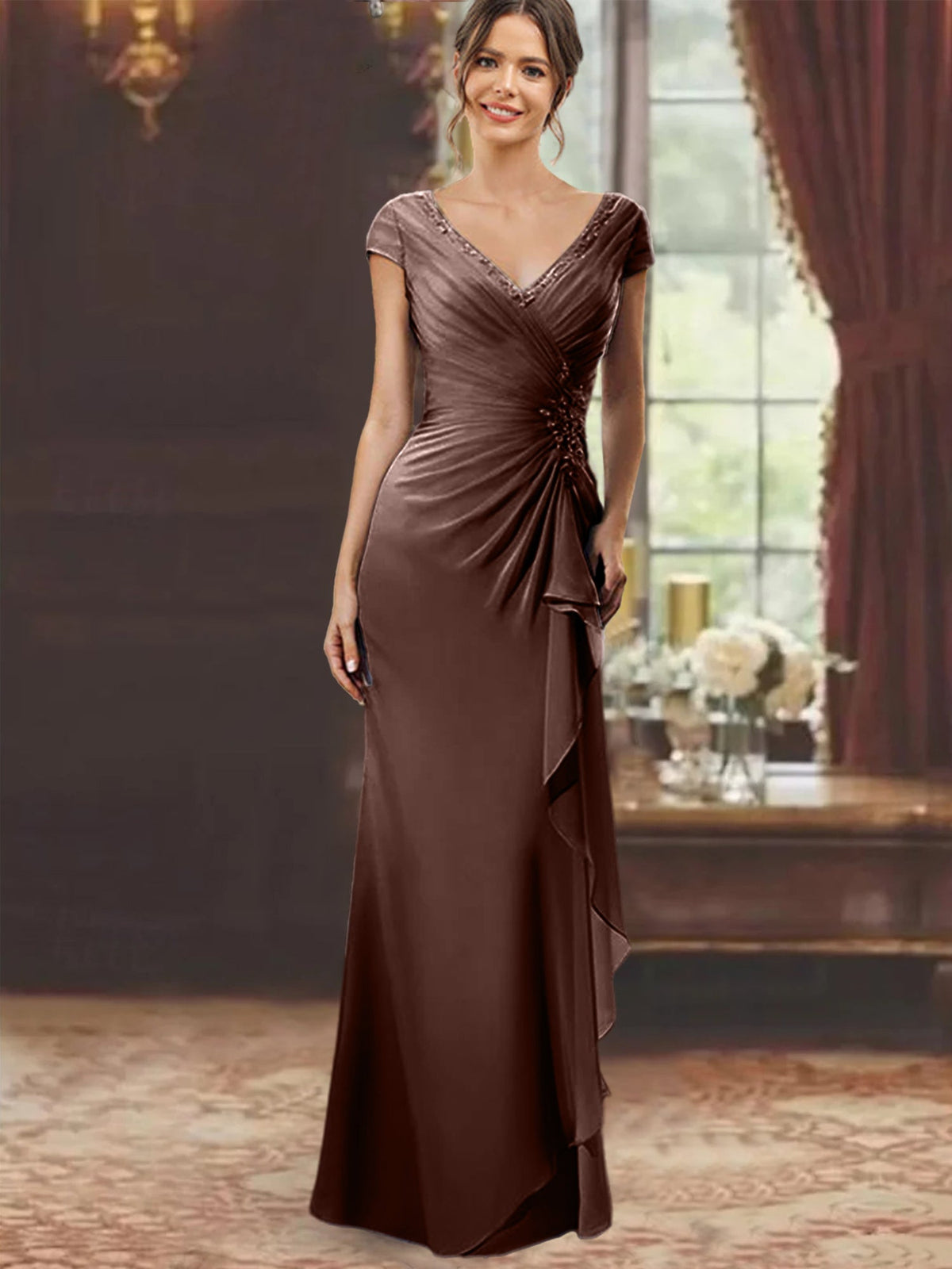 V Neck Short Sleeve Long Sheath Dress for the Mother of the Bride with Ruffles and Appliques
