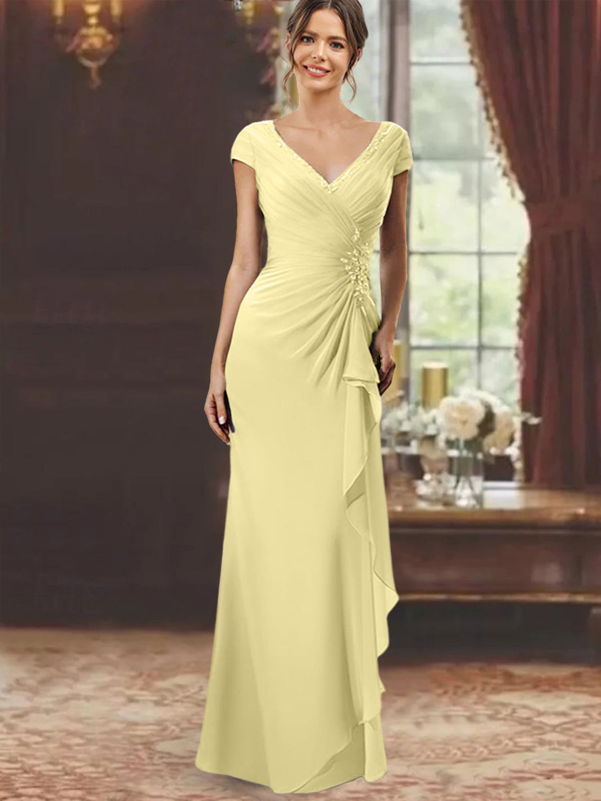V Neck Short Sleeve Long Sheath Dress for the Mother of the Bride with Ruffles and Appliques