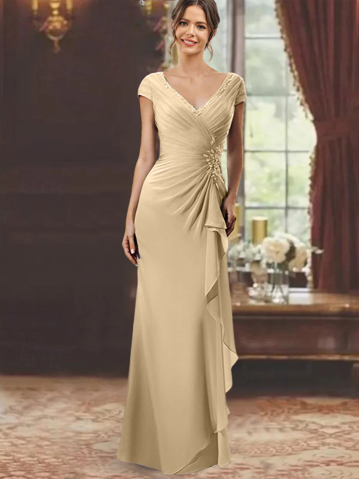 V Neck Short Sleeve Long Sheath Dress for the Mother of the Bride with Ruffles and Appliques