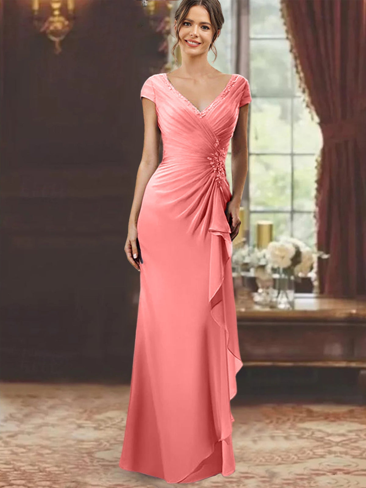 V Neck Short Sleeve Long Sheath Dress for the Mother of the Bride with Ruffles and Appliques