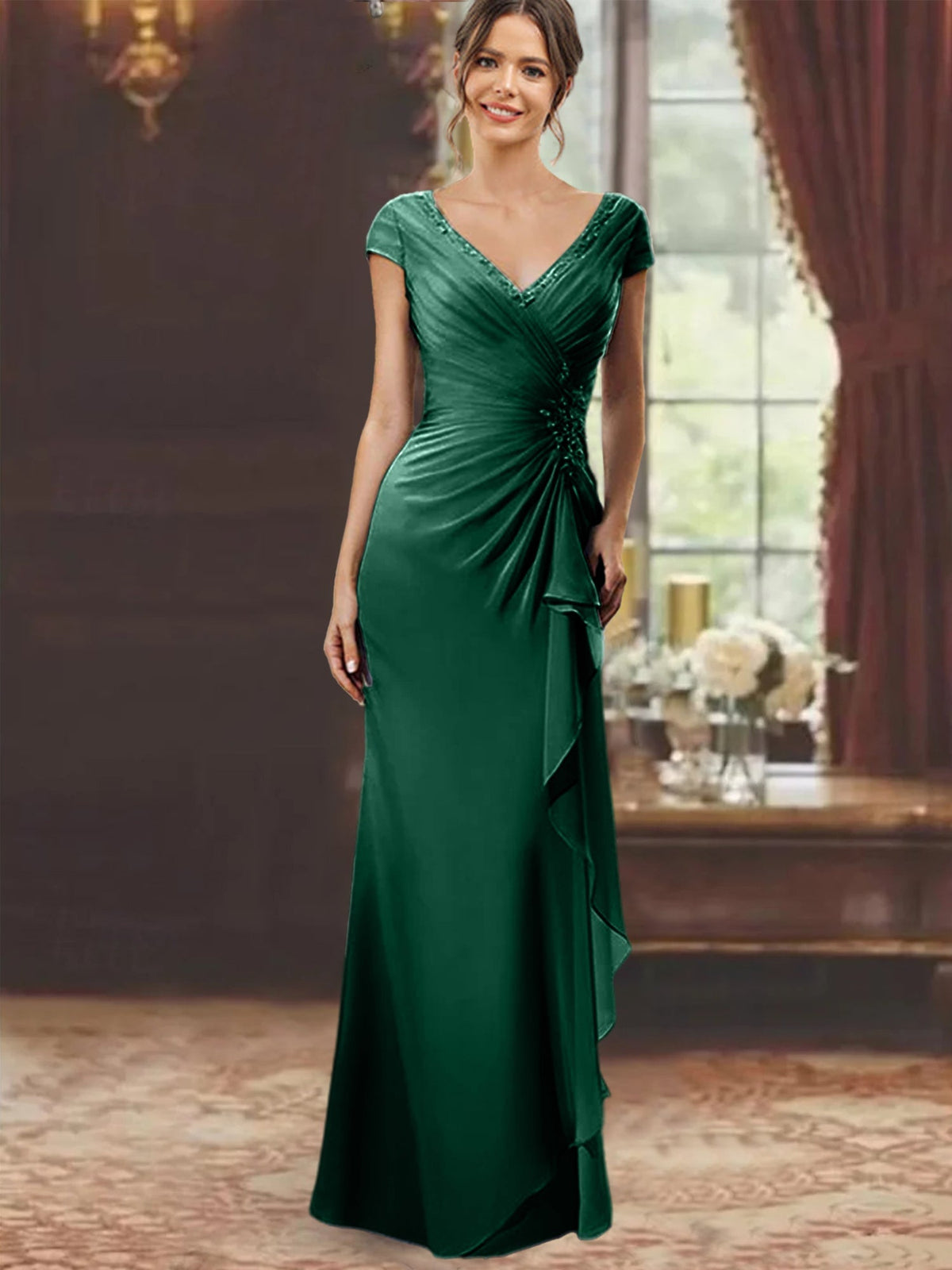 V Neck Short Sleeve Long Sheath Dress for the Mother of the Bride with Ruffles and Appliques
