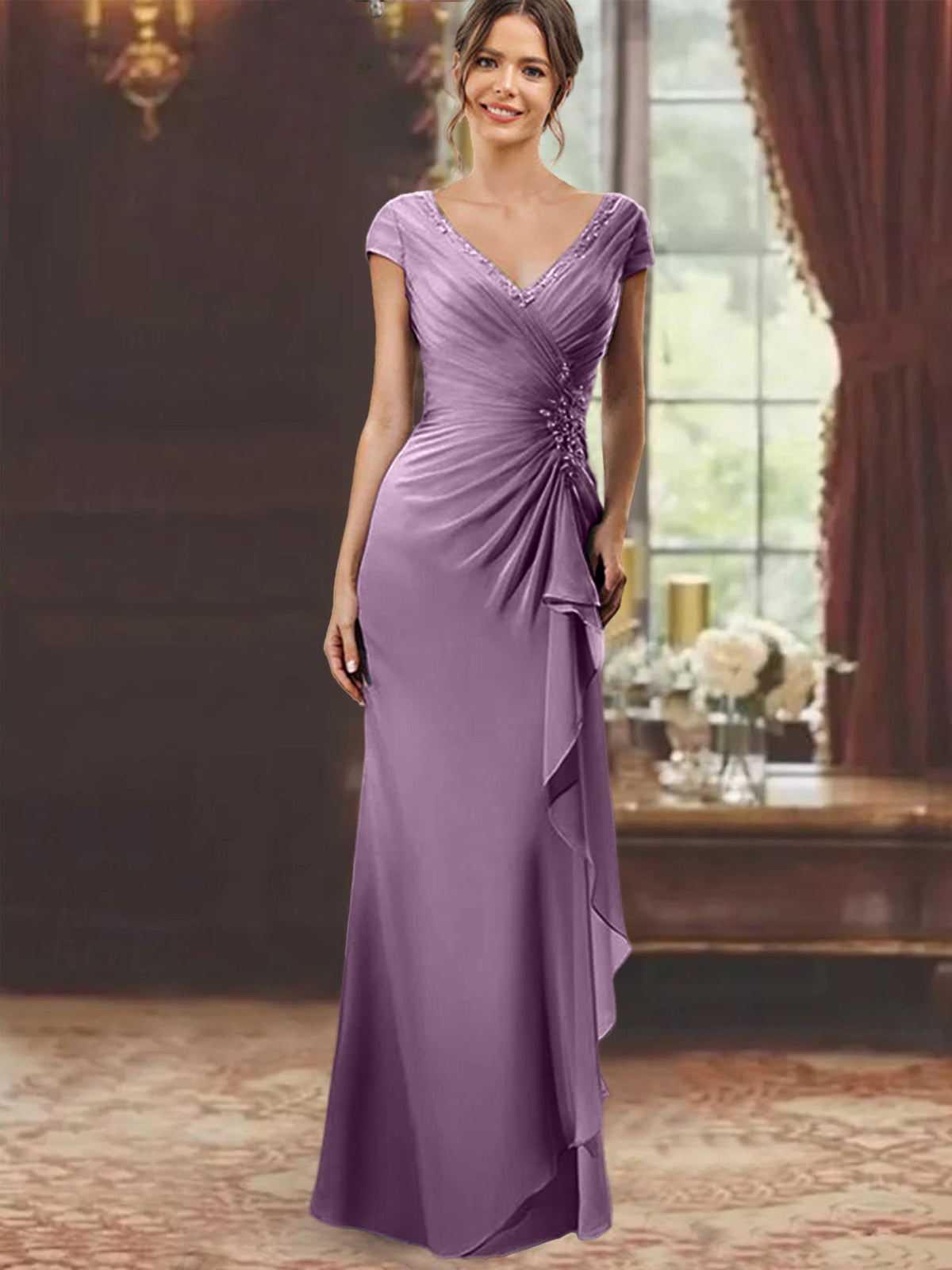 V Neck Short Sleeve Long Sheath Dress for the Mother of the Bride with Ruffles and Appliques