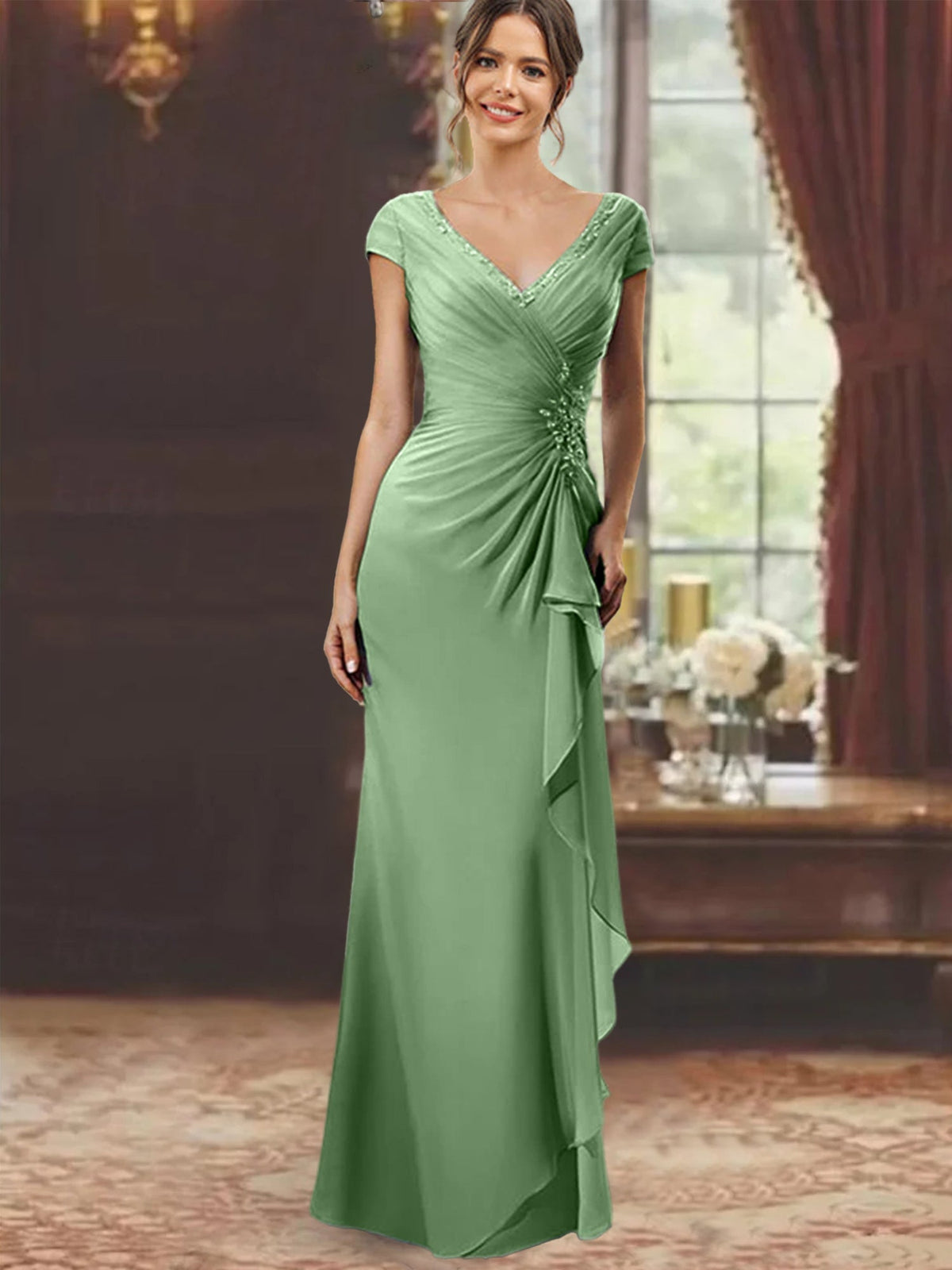 V Neck Short Sleeve Long Sheath Dress for the Mother of the Bride with Ruffles and Appliques
