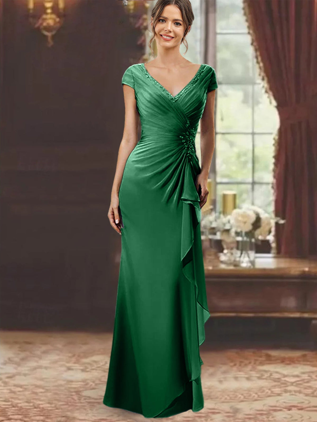 V Neck Short Sleeve Long Sheath Dress for the Mother of the Bride with Ruffles and Appliques