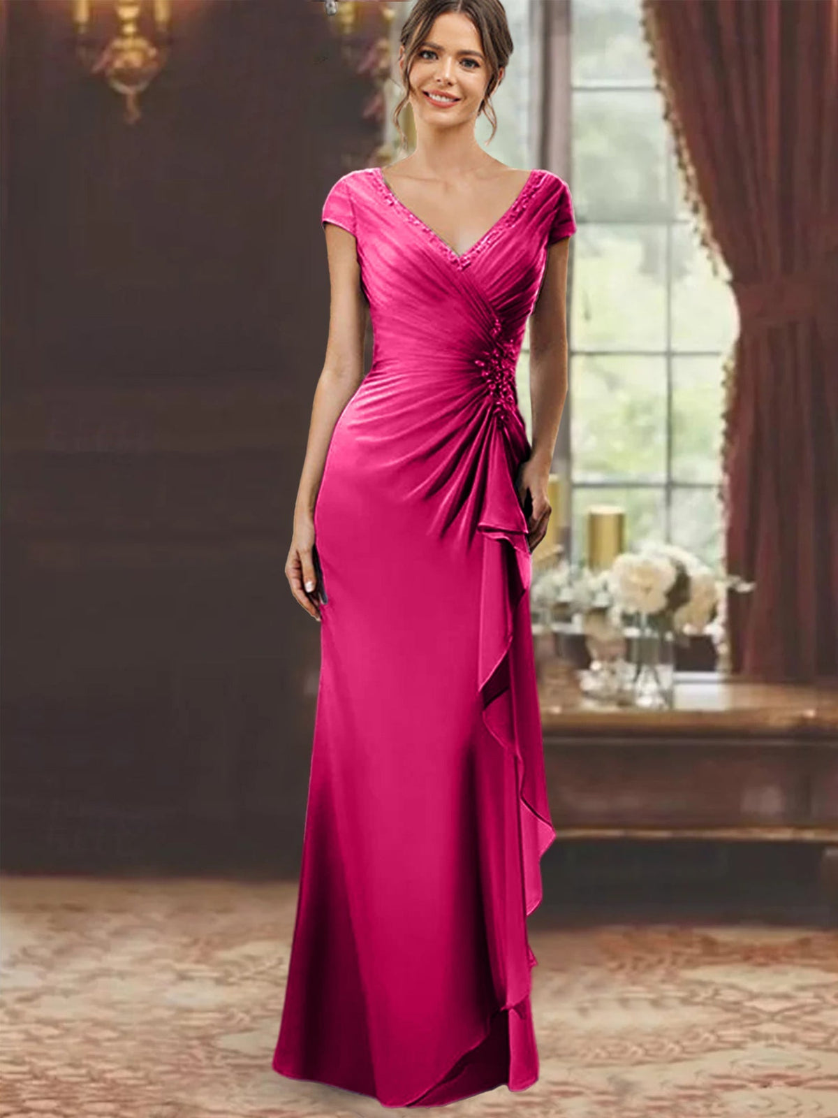 V Neck Short Sleeve Long Sheath Dress for the Mother of the Bride with Ruffles and Appliques