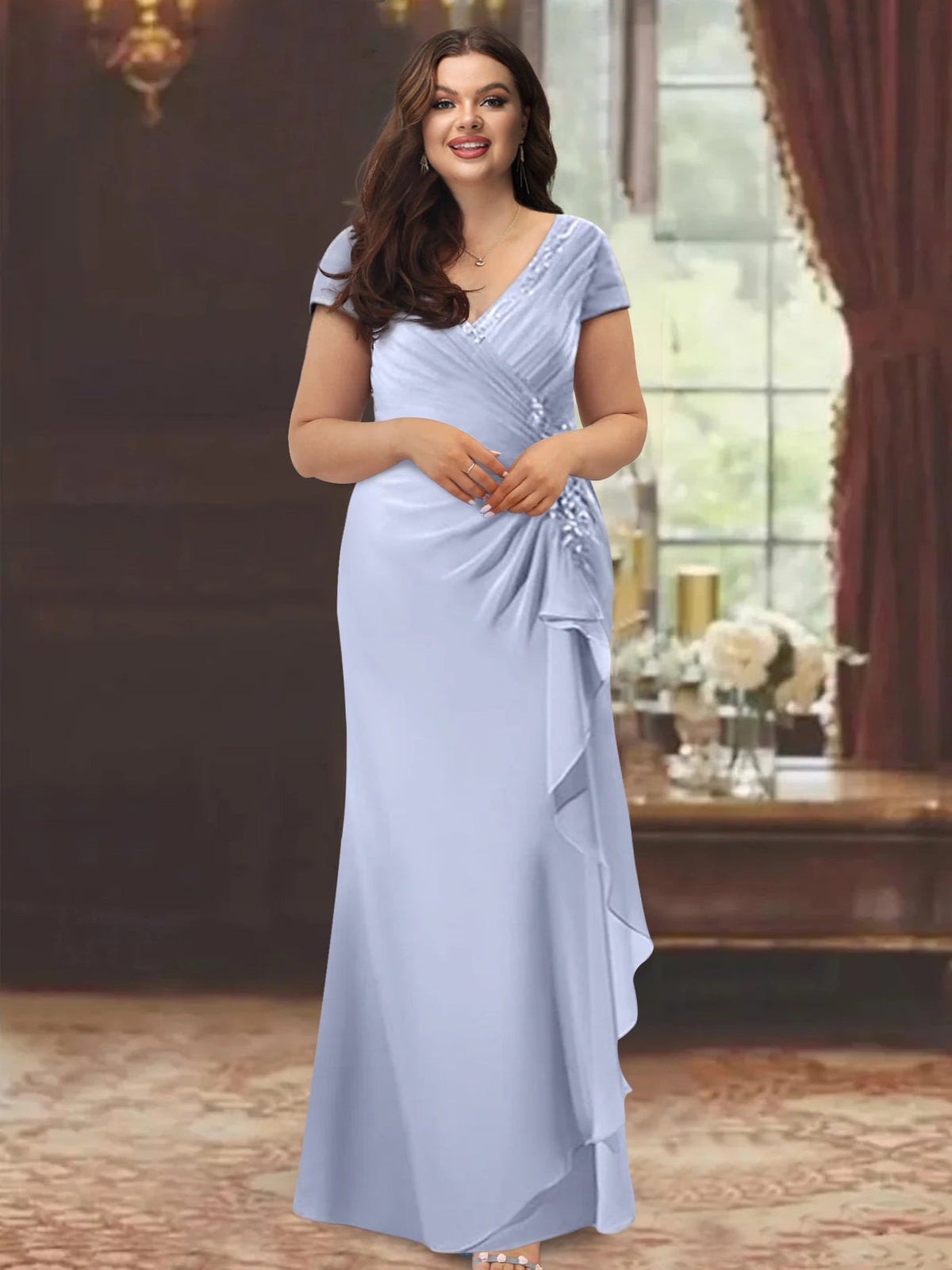 V Neck Short Sleeve Long Sheath Dress for the Mother of the Bride with Ruffles and Appliques