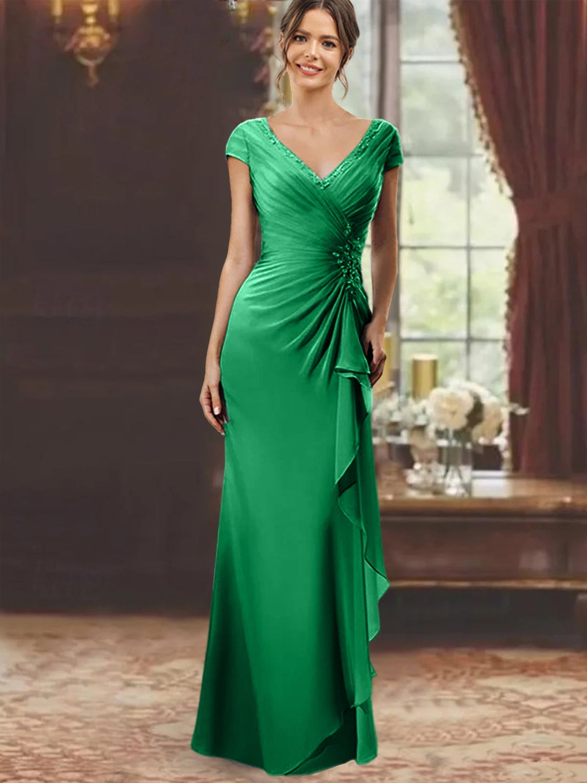 V Neck Short Sleeve Long Sheath Dress for the Mother of the Bride with Ruffles and Appliques