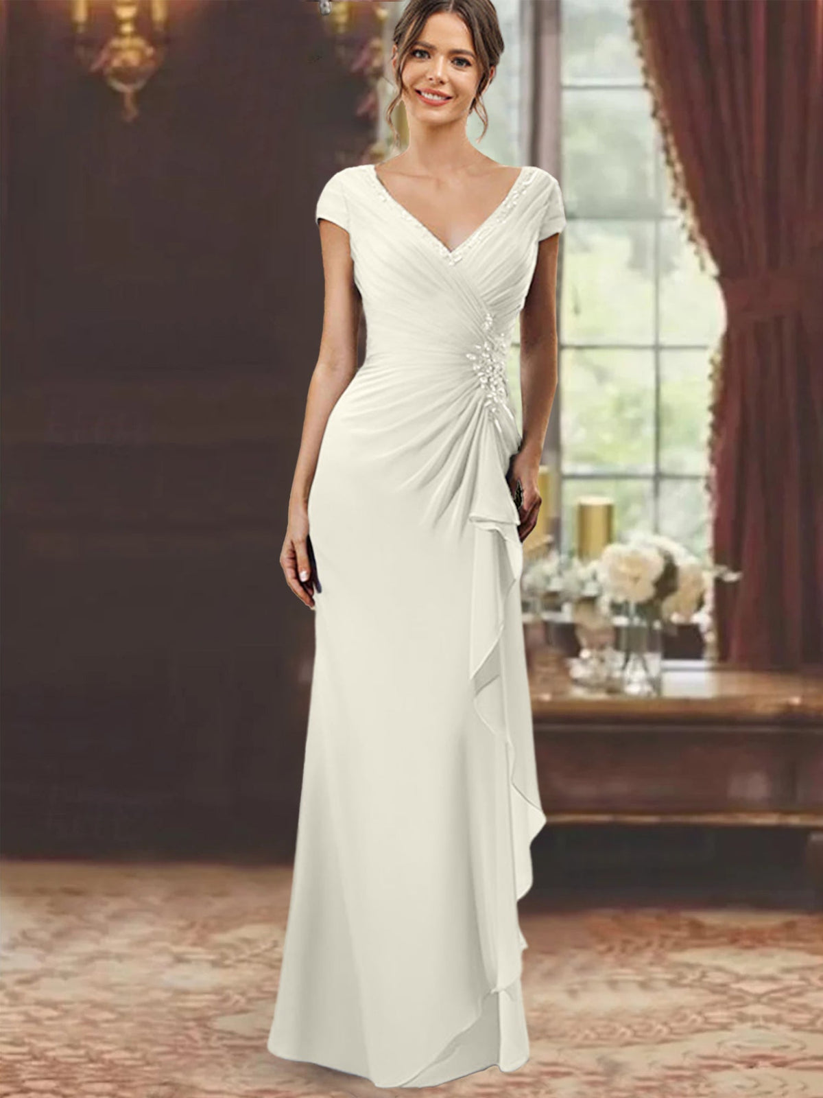V Neck Short Sleeve Long Sheath Dress for the Mother of the Bride with Ruffles and Appliques