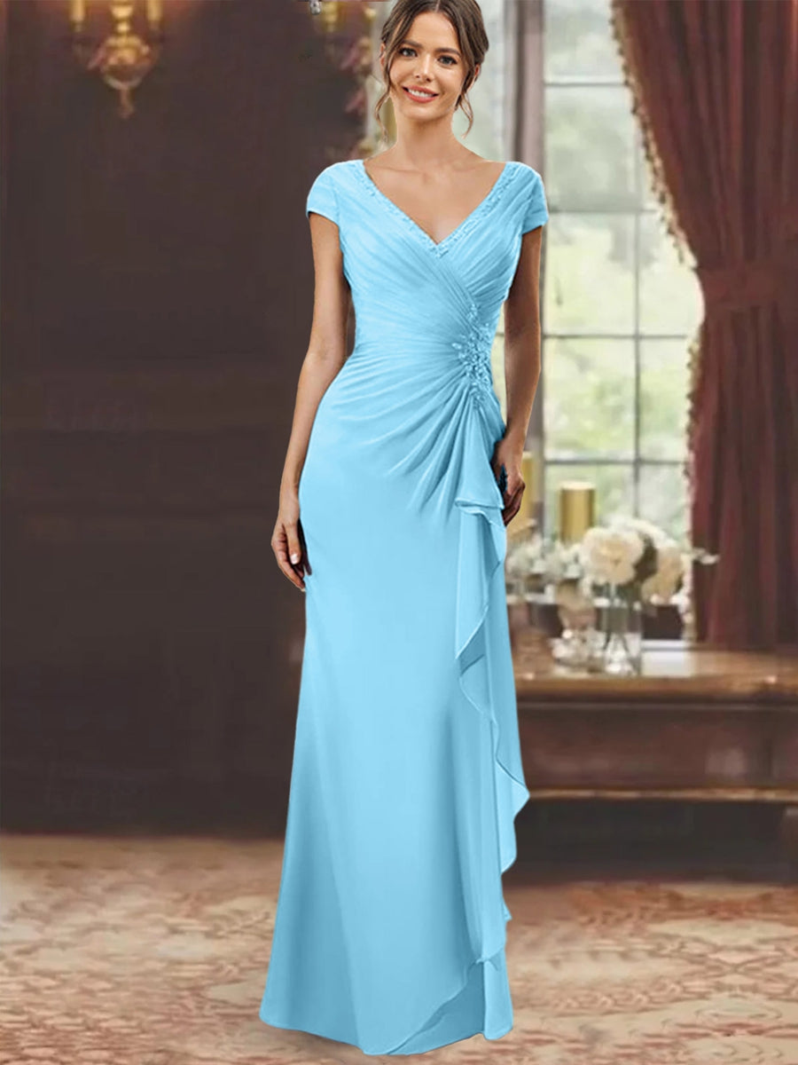 V Neck Short Sleeve Long Sheath Dress for the Mother of the Bride with Ruffles and Appliques