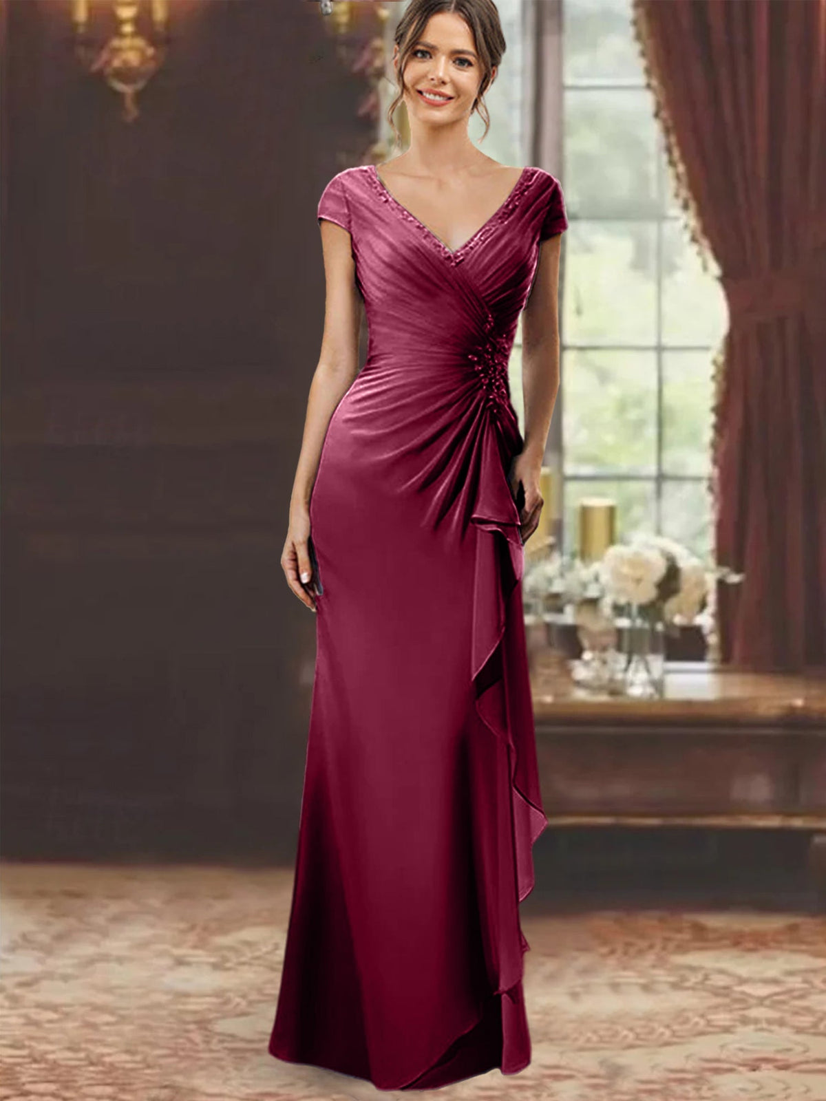 V Neck Short Sleeve Long Sheath Dress for the Mother of the Bride with Ruffles and Appliques