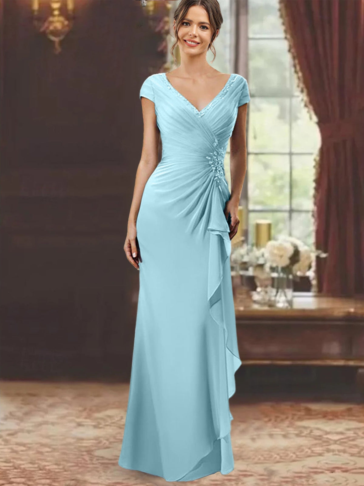 V Neck Short Sleeve Long Sheath Dress for the Mother of the Bride with Ruffles and Appliques