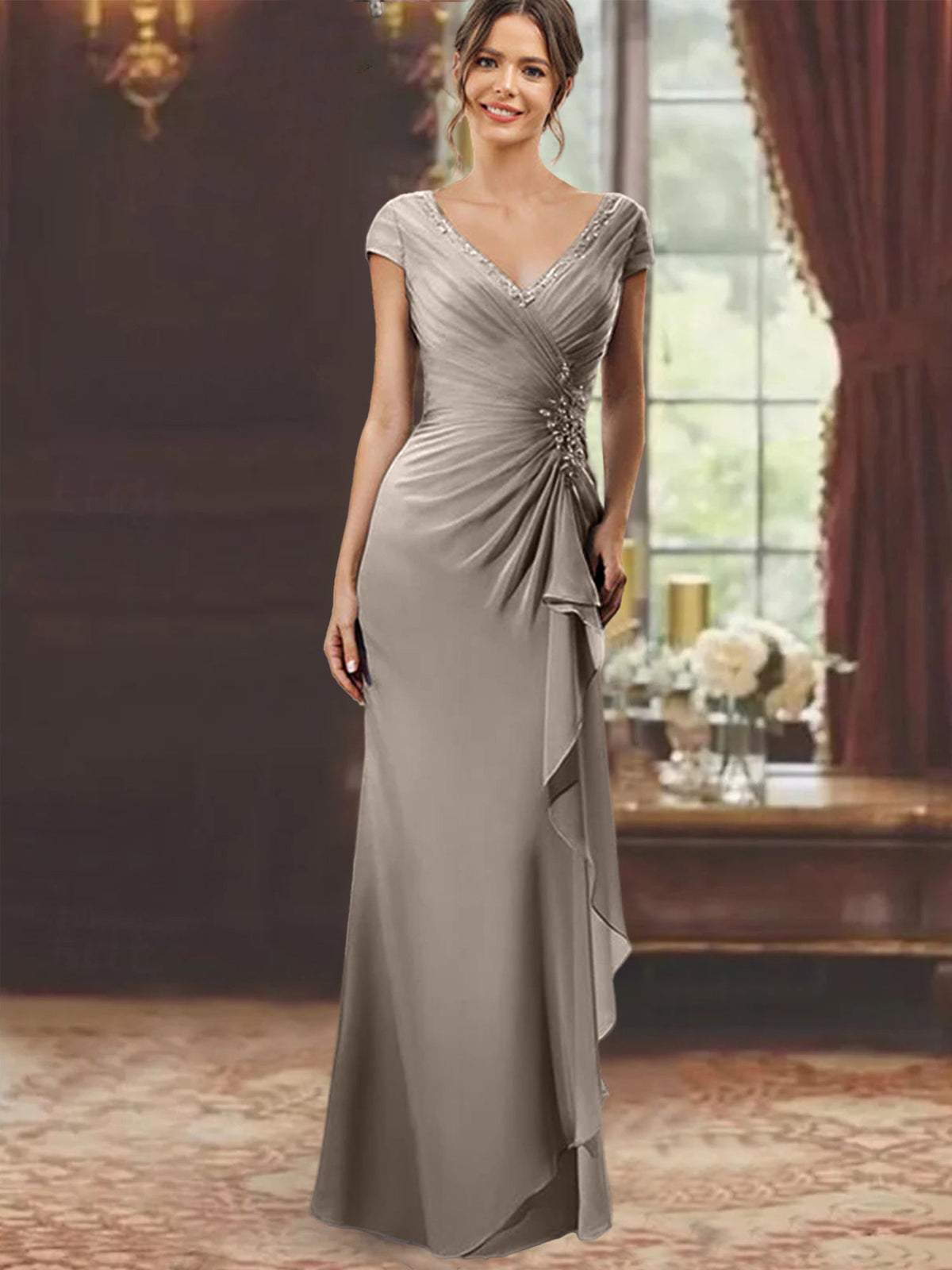 V Neck Short Sleeve Long Sheath Dress for the Mother of the Bride with Ruffles and Appliques