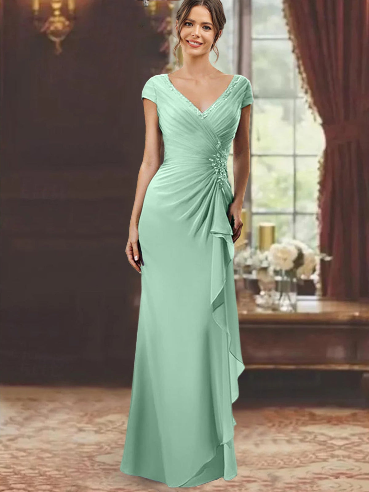 V Neck Short Sleeve Long Sheath Dress for the Mother of the Bride with Ruffles and Appliques