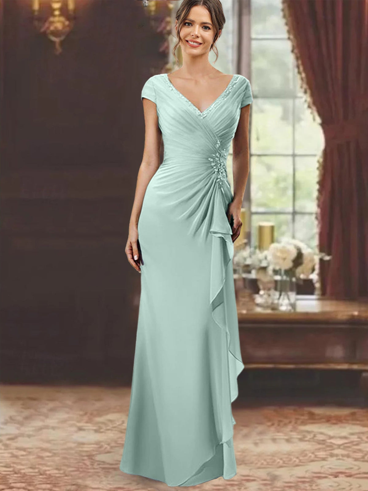 V Neck Short Sleeve Long Sheath Dress for the Mother of the Bride with Ruffles and Appliques