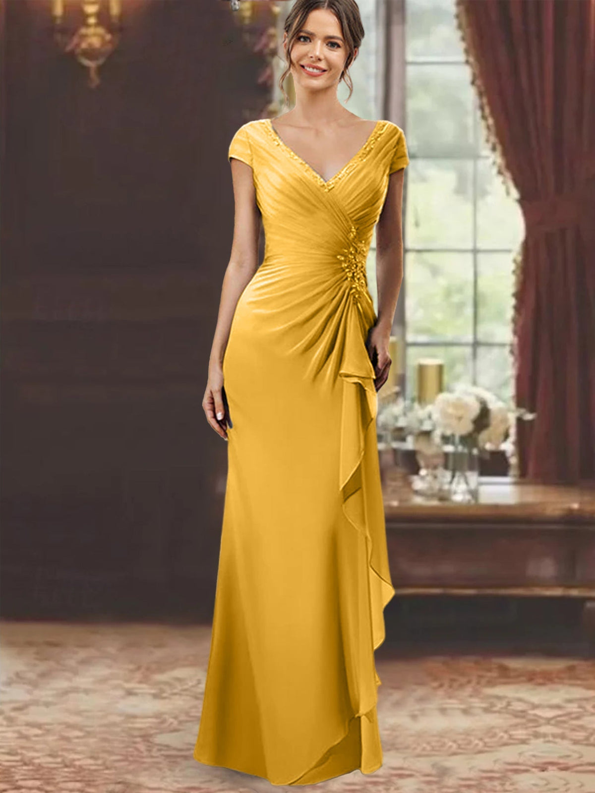 V Neck Short Sleeve Long Sheath Dress for the Mother of the Bride with Ruffles and Appliques