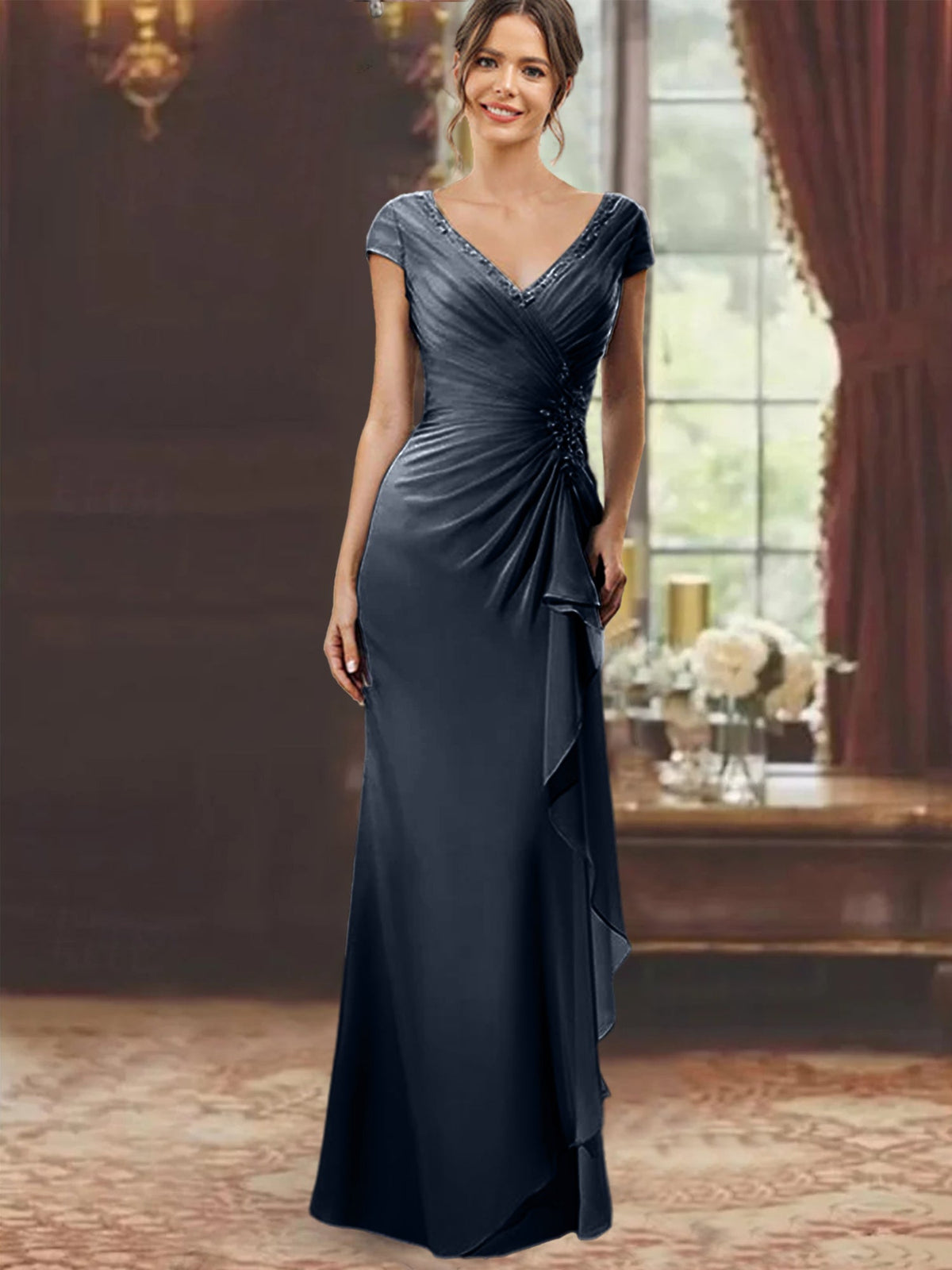 V Neck Short Sleeve Long Sheath Dress for the Mother of the Bride with Ruffles and Appliques
