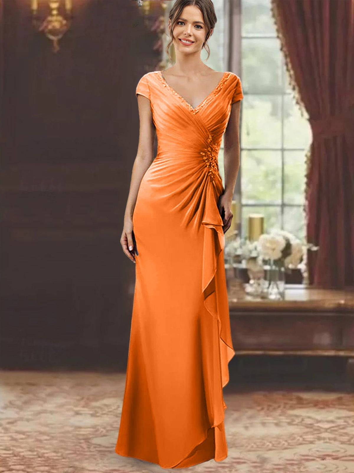 V Neck Short Sleeve Long Sheath Dress for the Mother of the Bride with Ruffles and Appliques