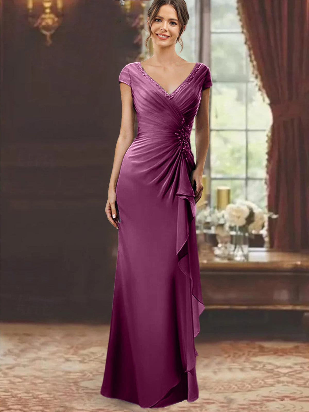 V Neck Short Sleeve Long Sheath Dress for the Mother of the Bride with Ruffles and Appliques