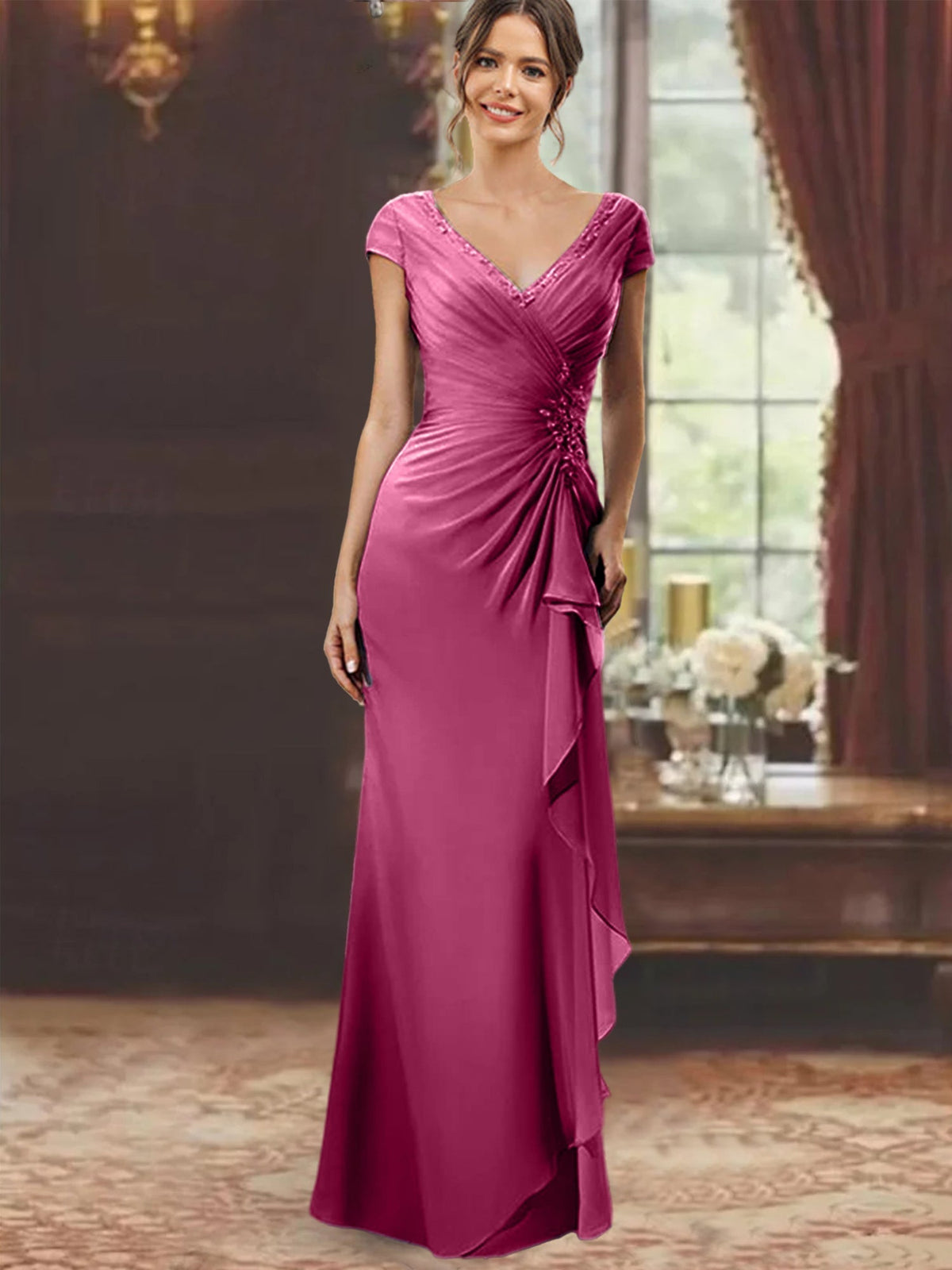 V Neck Short Sleeve Long Sheath Dress for the Mother of the Bride with Ruffles and Appliques