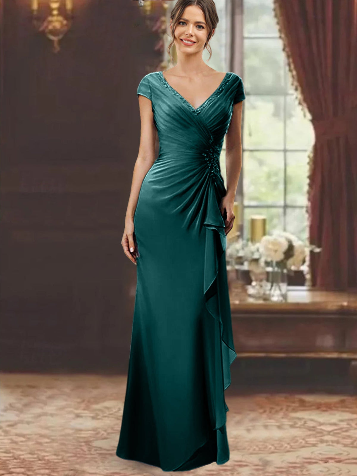 V Neck Short Sleeve Long Sheath Dress for the Mother of the Bride with Ruffles and Appliques
