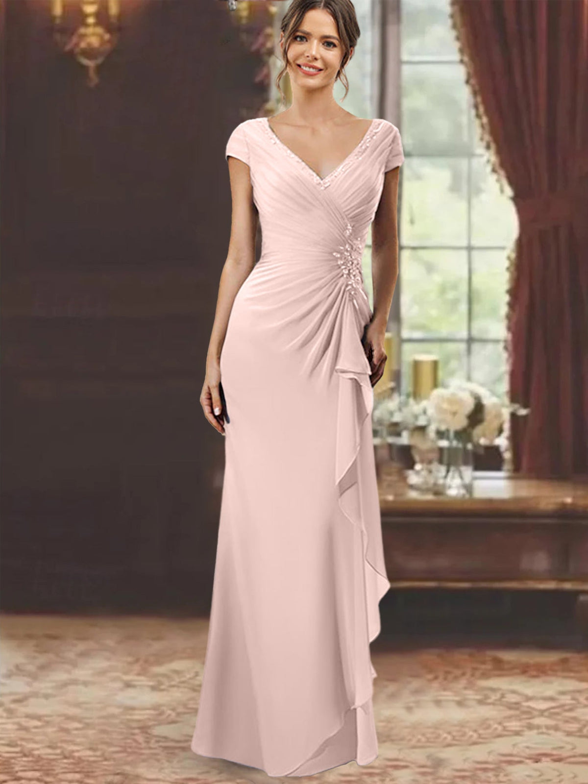 V Neck Short Sleeve Long Sheath Dress for the Mother of the Bride with Ruffles and Appliques