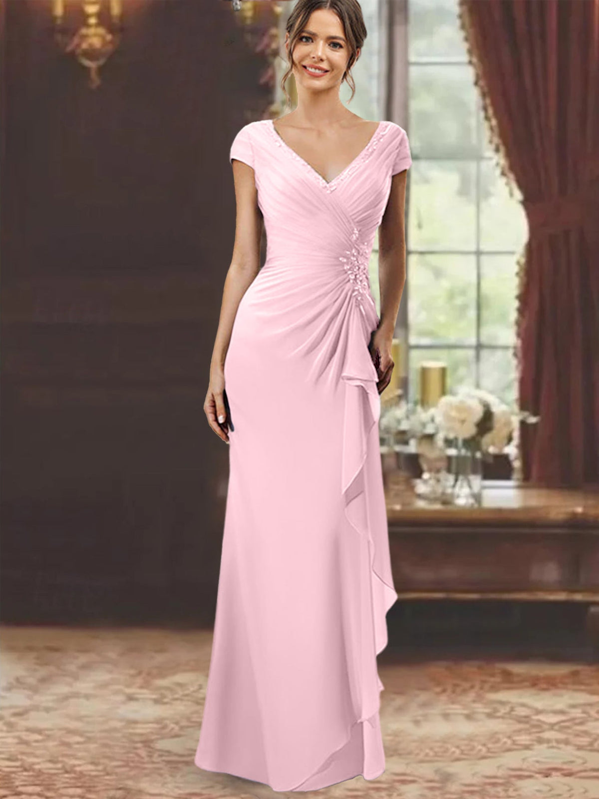 V Neck Short Sleeve Long Sheath Dress for the Mother of the Bride with Ruffles and Appliques