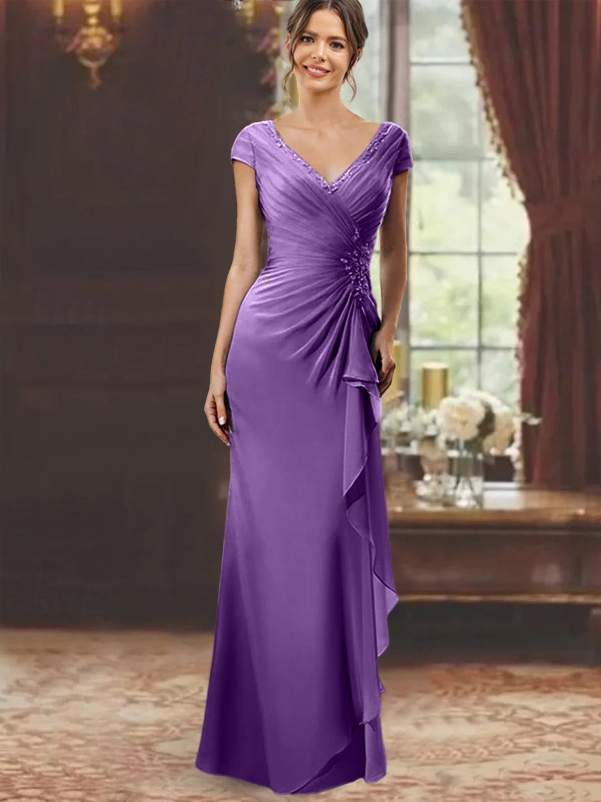 V Neck Short Sleeve Long Sheath Dress for the Mother of the Bride with Ruffles and Appliques