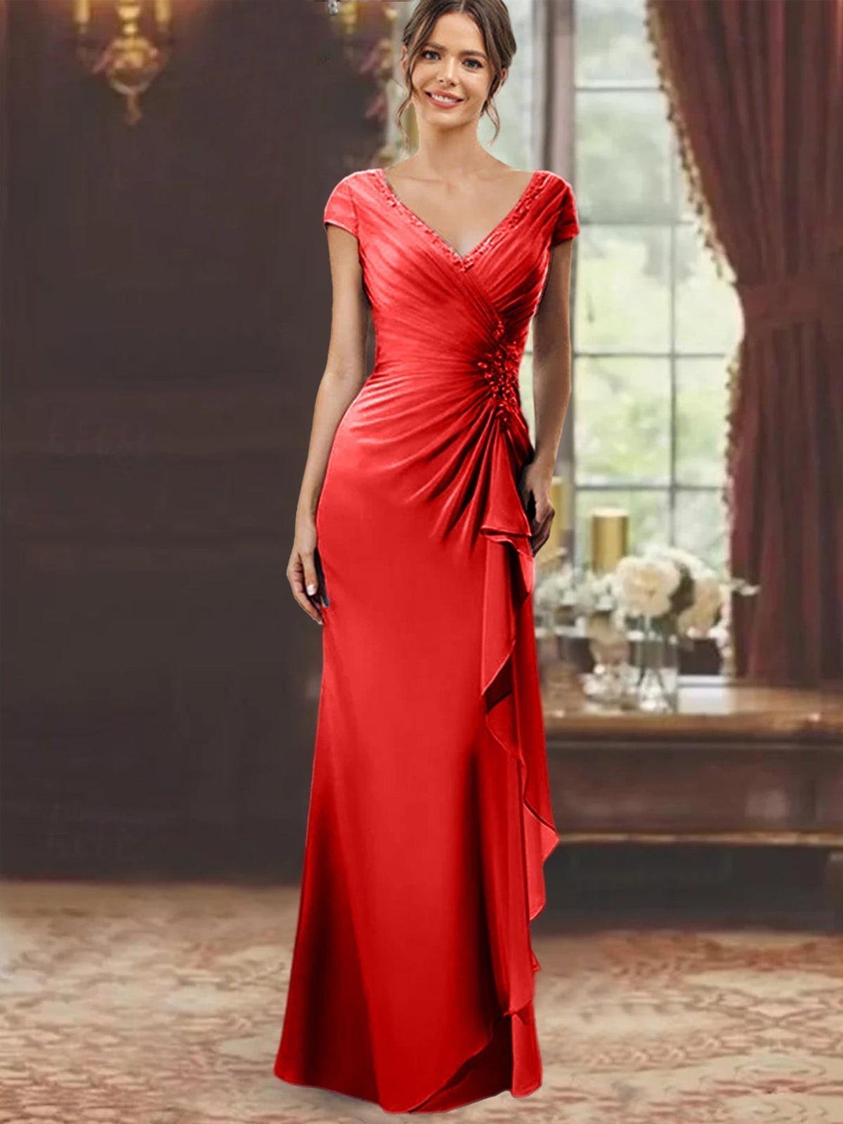 V Neck Short Sleeve Long Sheath Dress for the Mother of the Bride with Ruffles and Appliques