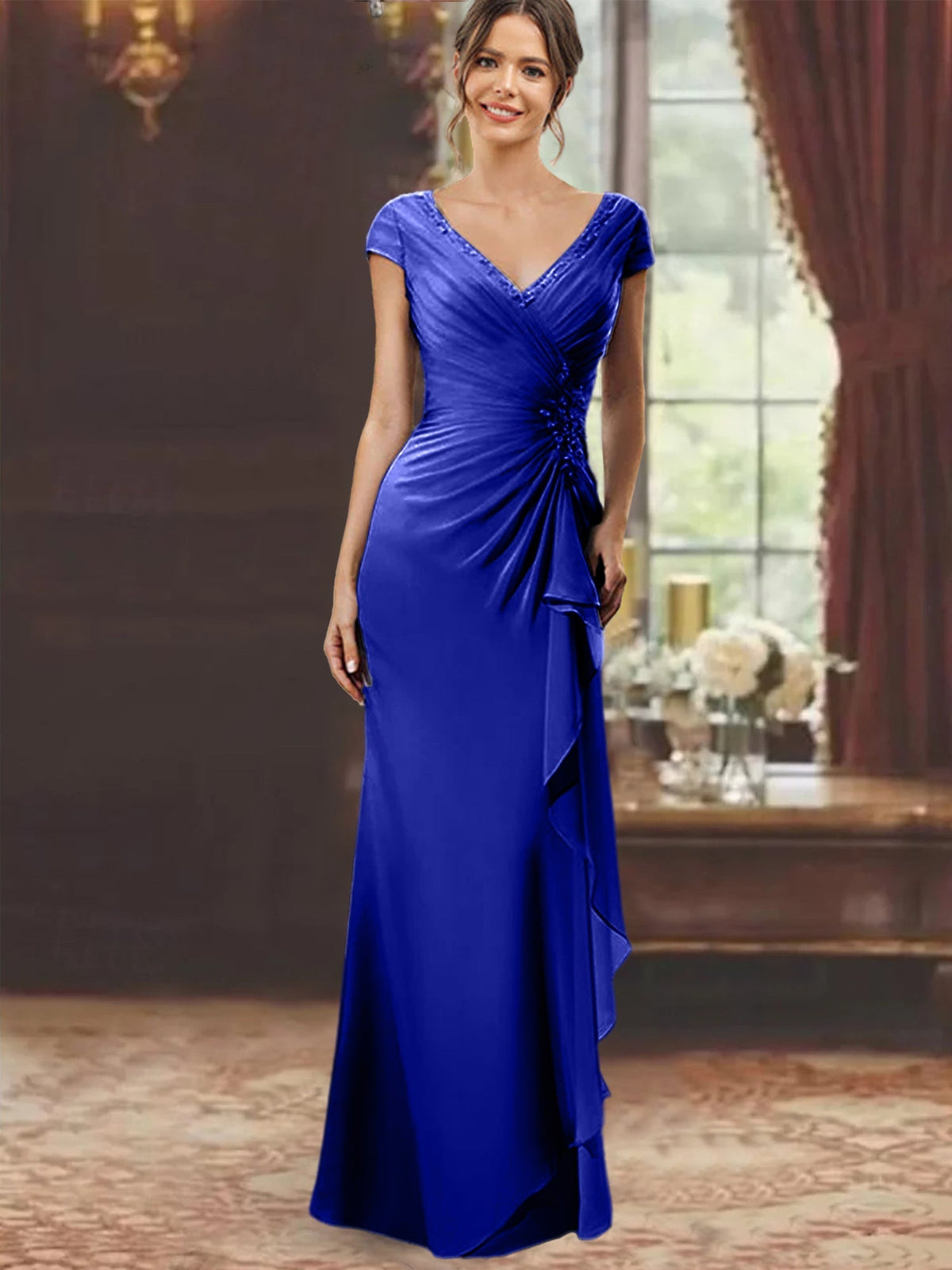 V Neck Short Sleeve Long Sheath Dress for the Mother of the Bride with Ruffles and Appliques