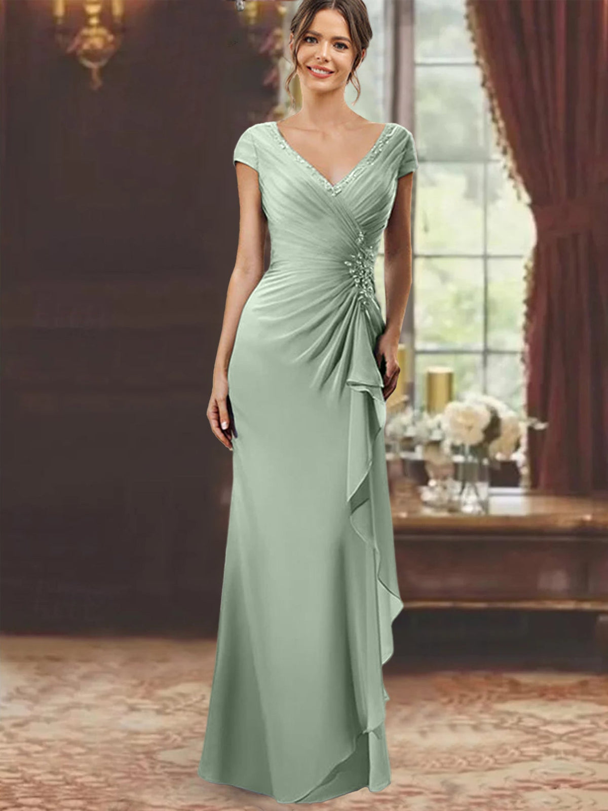 V Neck Short Sleeve Long Sheath Dress for the Mother of the Bride with Ruffles and Appliques