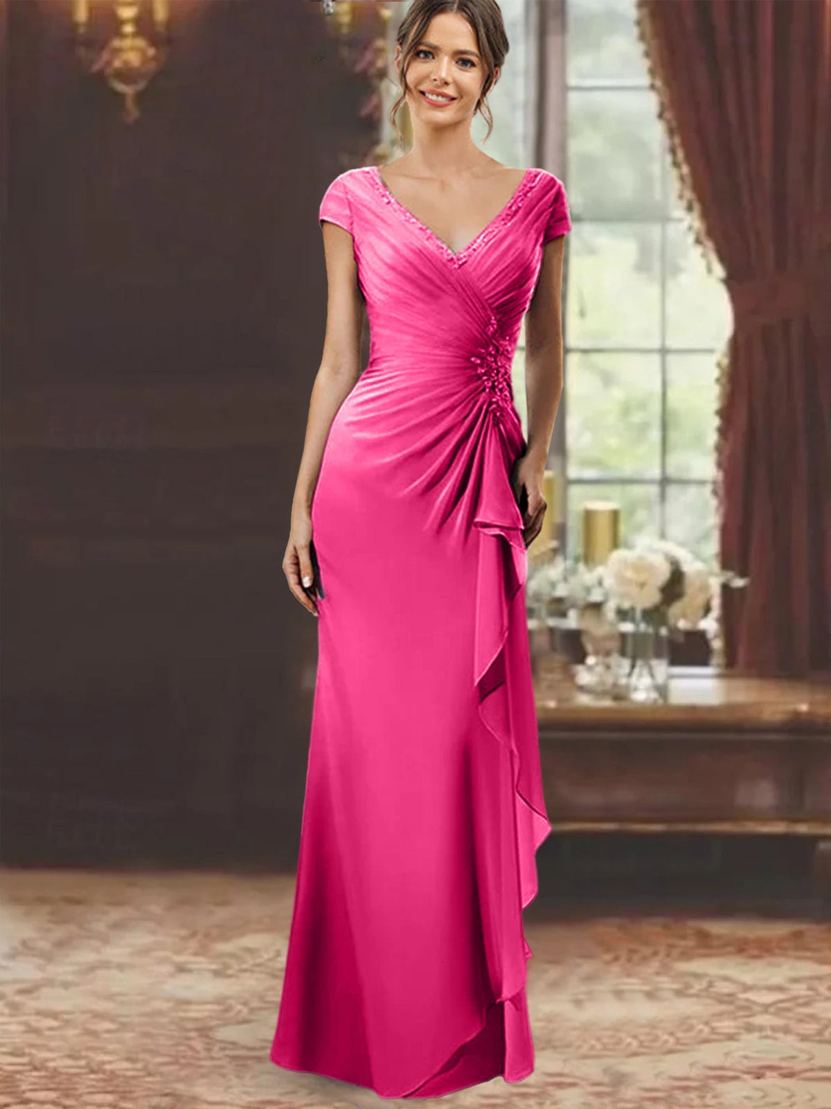 V Neck Short Sleeve Long Sheath Dress for the Mother of the Bride with Ruffles and Appliques