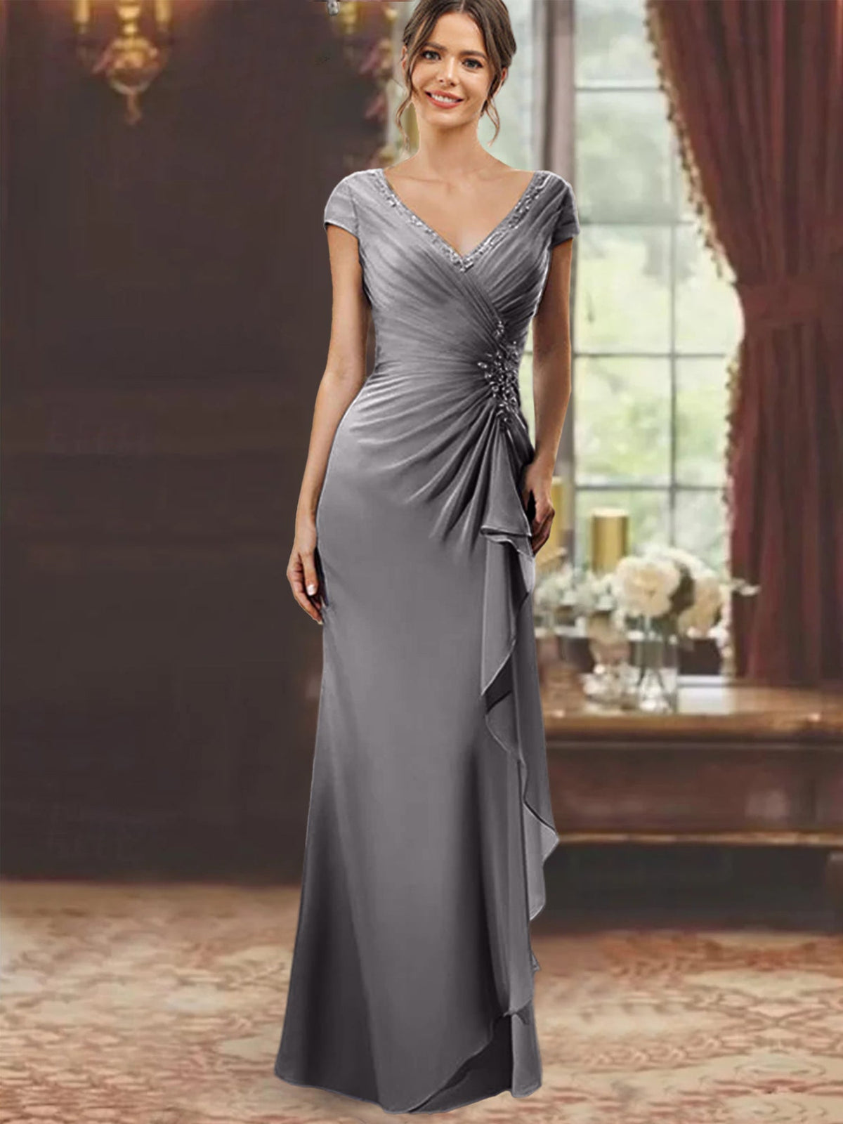 V Neck Short Sleeve Long Sheath Dress for the Mother of the Bride with Ruffles and Appliques