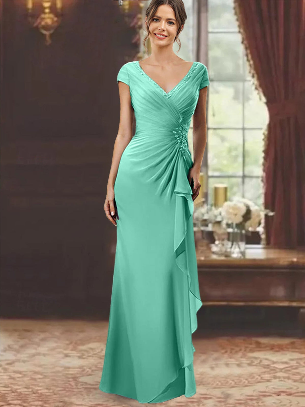 V Neck Short Sleeve Long Sheath Dress for the Mother of the Bride with Ruffles and Appliques