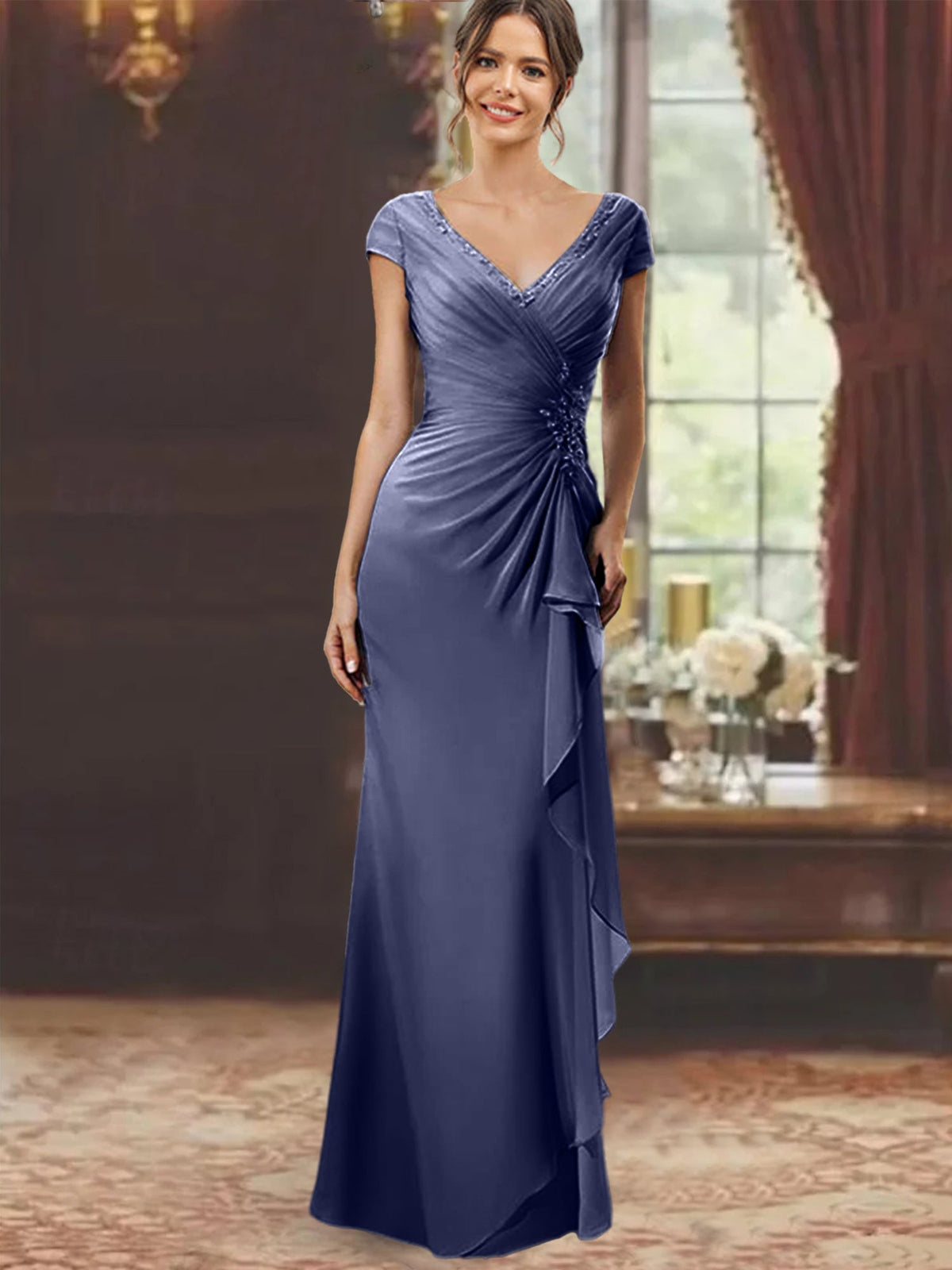 V Neck Short Sleeve Long Sheath Dress for the Mother of the Bride with Ruffles and Appliques