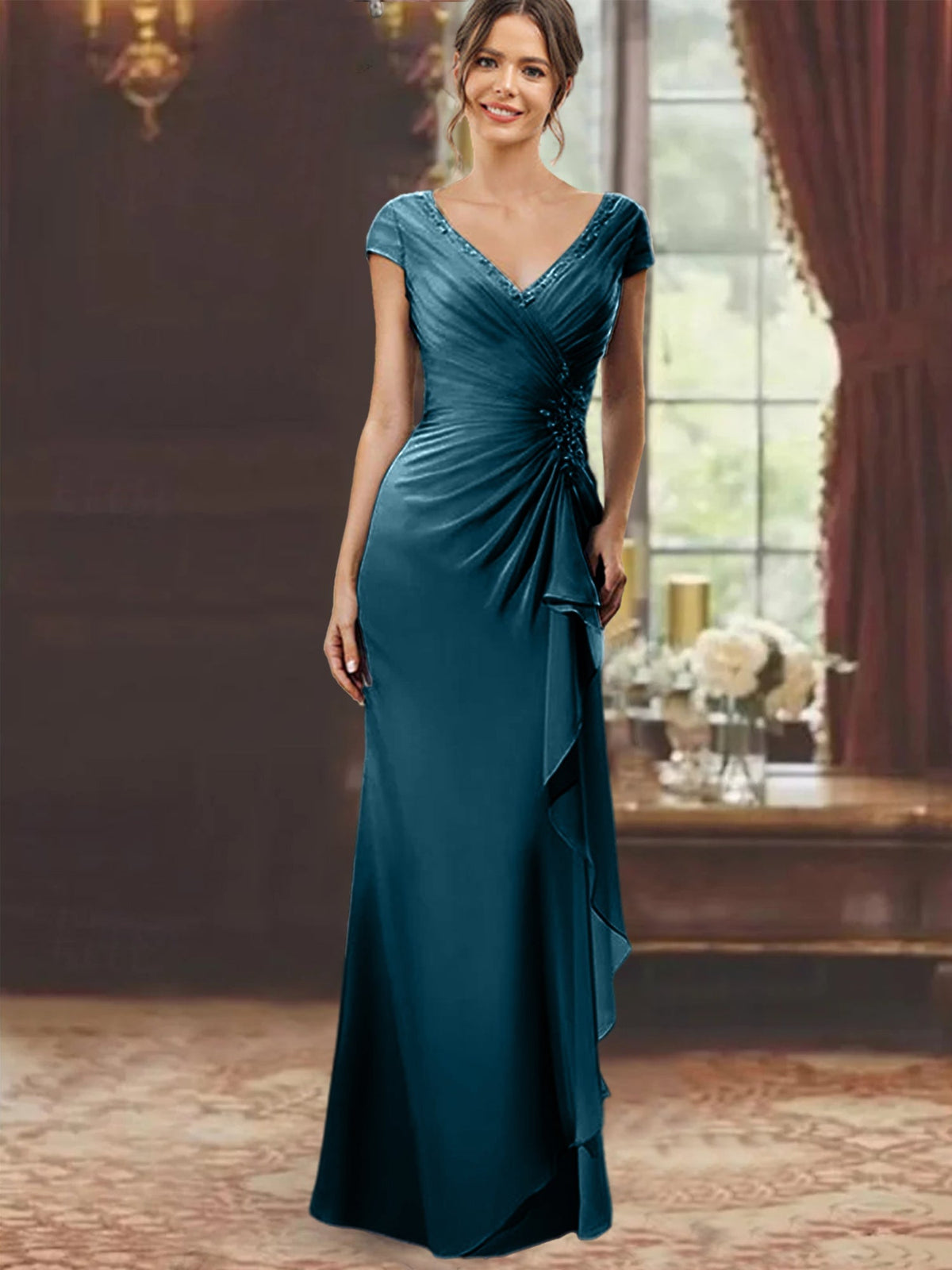 V Neck Short Sleeve Long Sheath Dress for the Mother of the Bride with Ruffles and Appliques