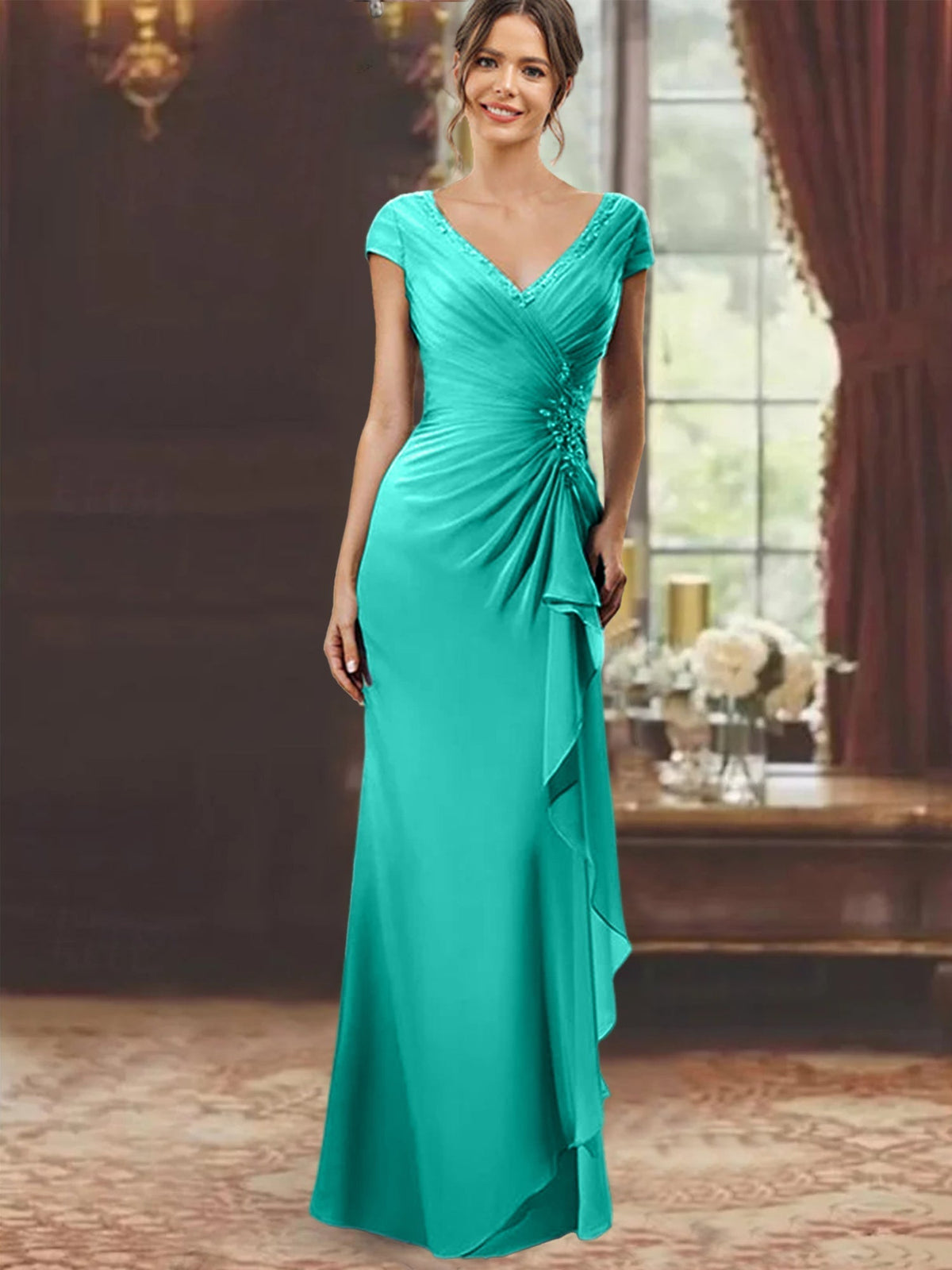 V Neck Short Sleeve Long Sheath Dress for the Mother of the Bride with Ruffles and Appliques