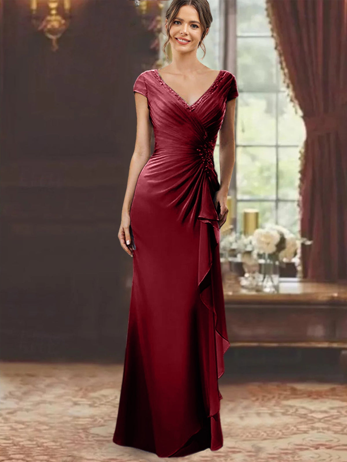 V Neck Short Sleeve Long Sheath Dress for the Mother of the Bride with Ruffles and Appliques