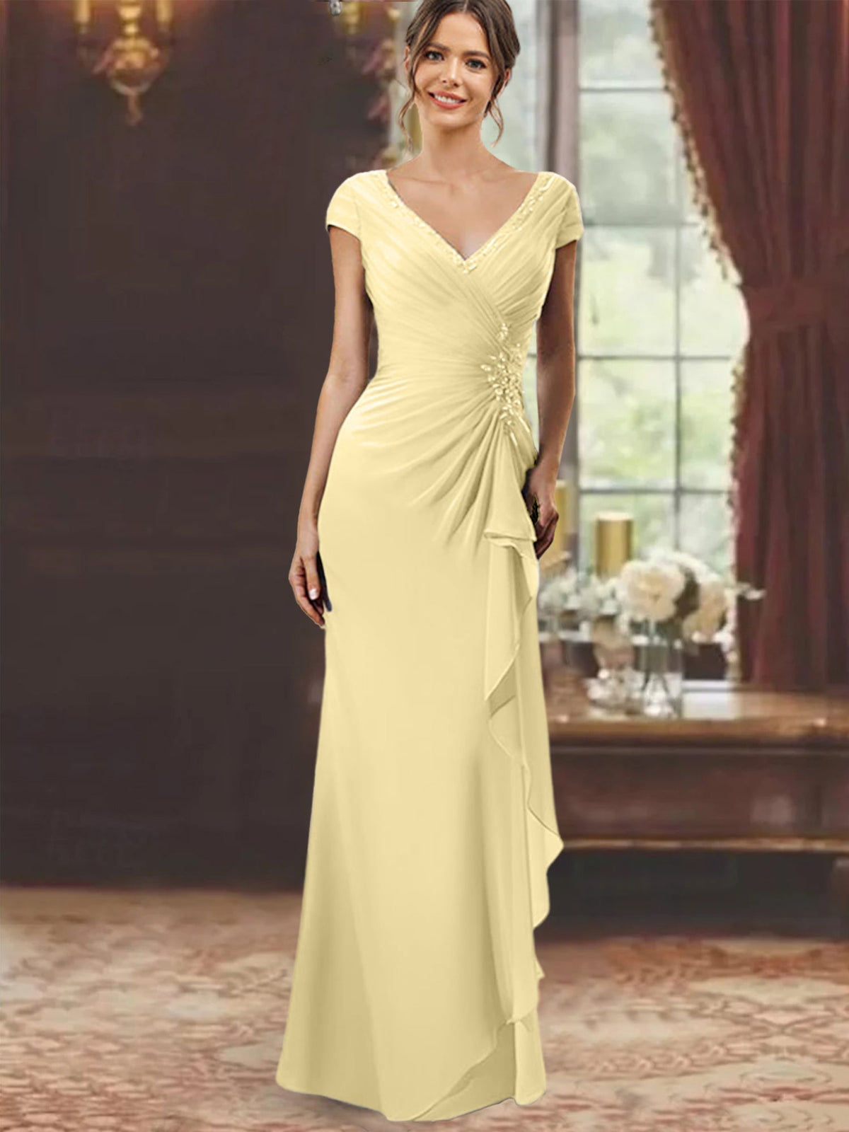 V Neck Short Sleeve Long Sheath Dress for the Mother of the Bride with Ruffles and Appliques