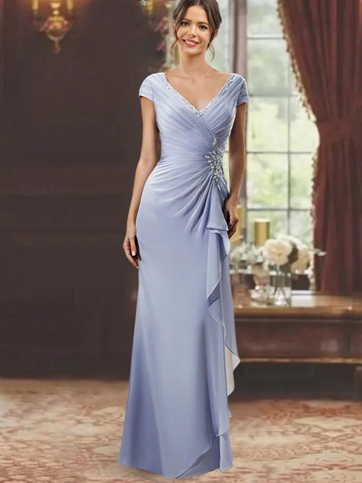 V Neck Short Sleeve Long Sheath Dress for the Mother of the Bride with Ruffles and Appliques