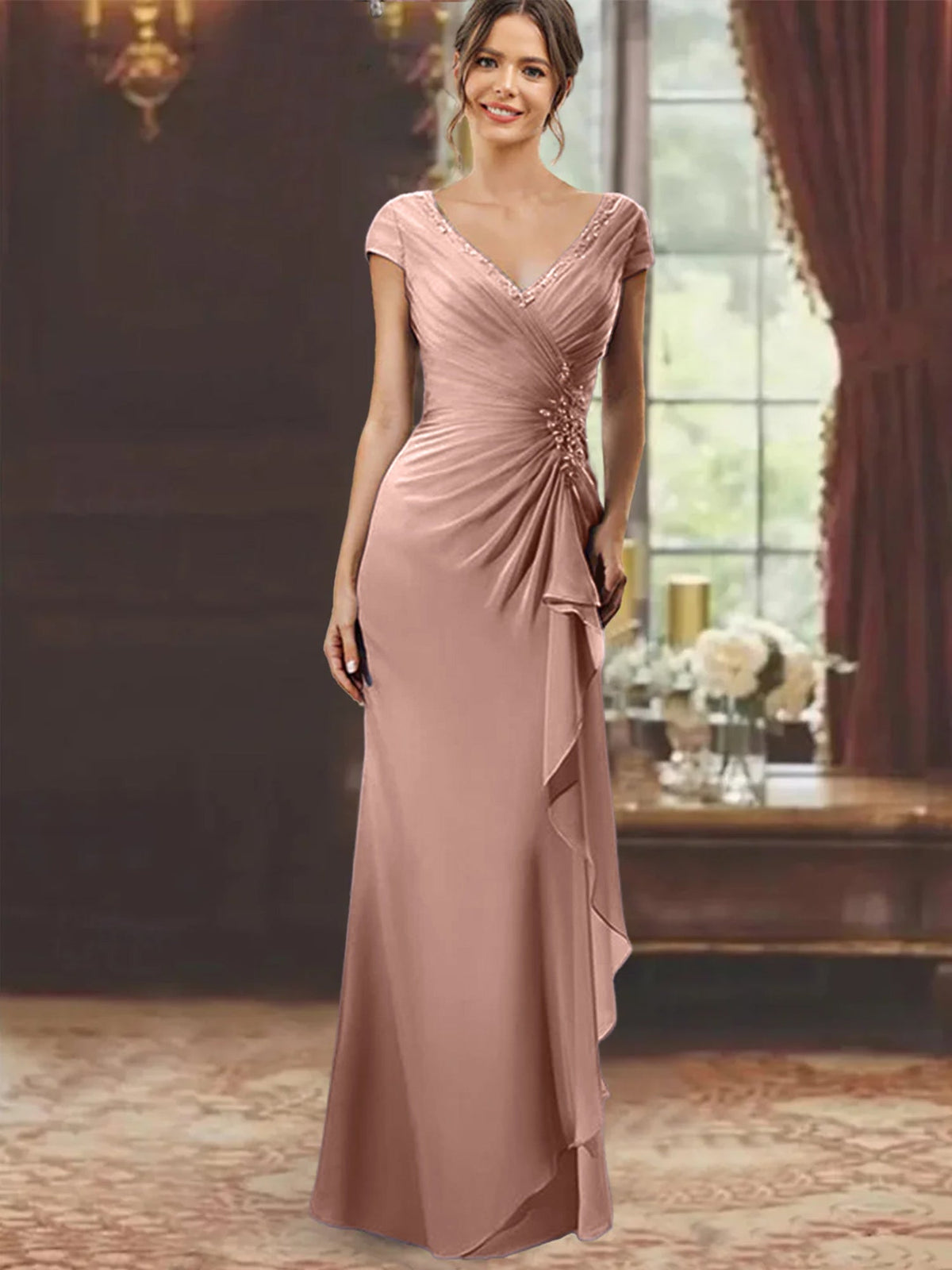 V Neck Short Sleeve Long Sheath Dress for the Mother of the Bride with Ruffles and Appliques