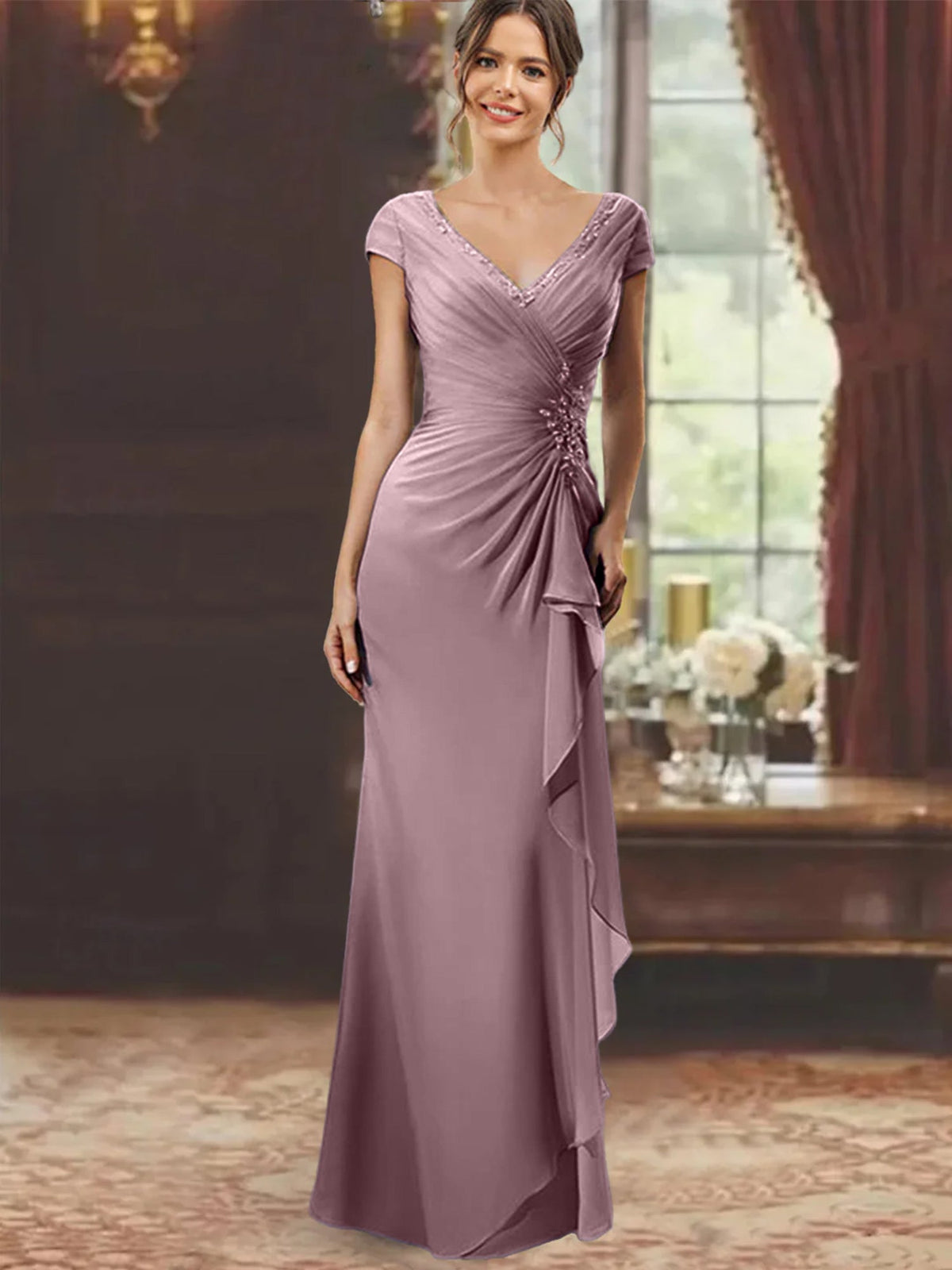 V Neck Short Sleeve Long Sheath Dress for the Mother of the Bride with Ruffles and Appliques