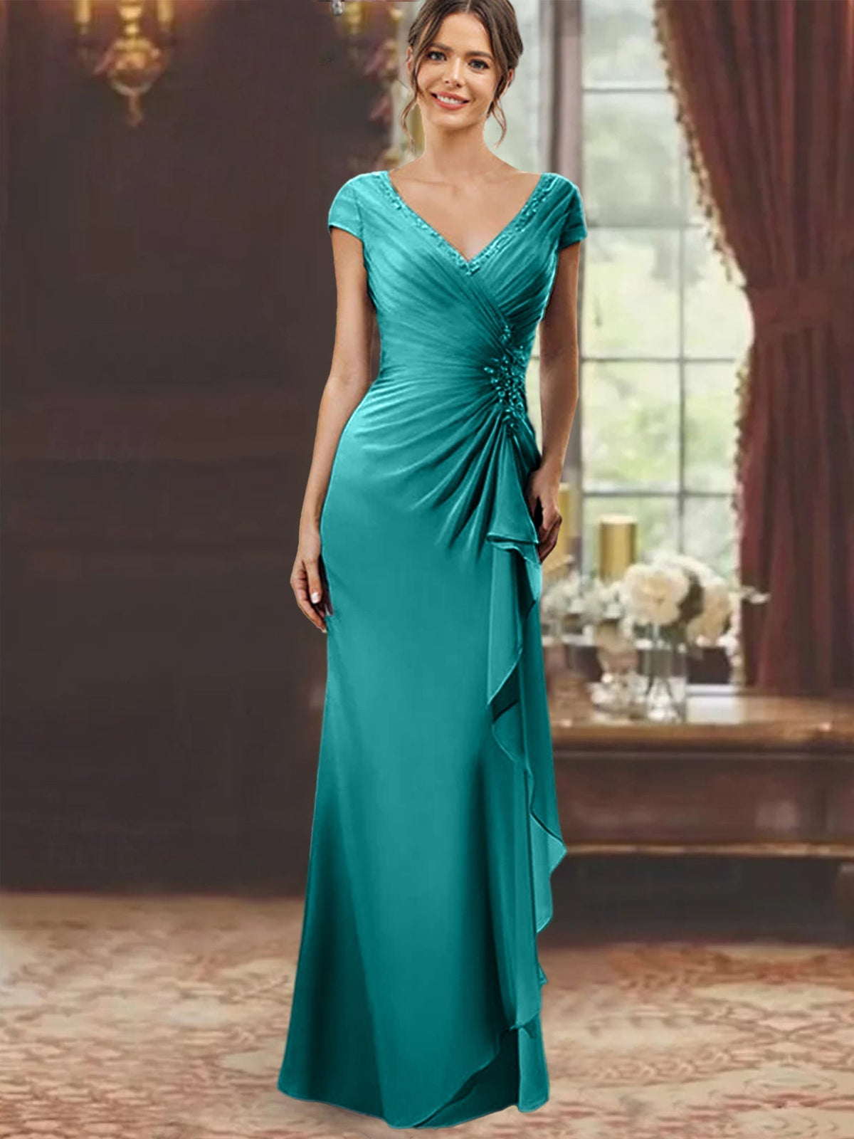 V Neck Short Sleeve Long Sheath Dress for the Mother of the Bride with Ruffles and Appliques