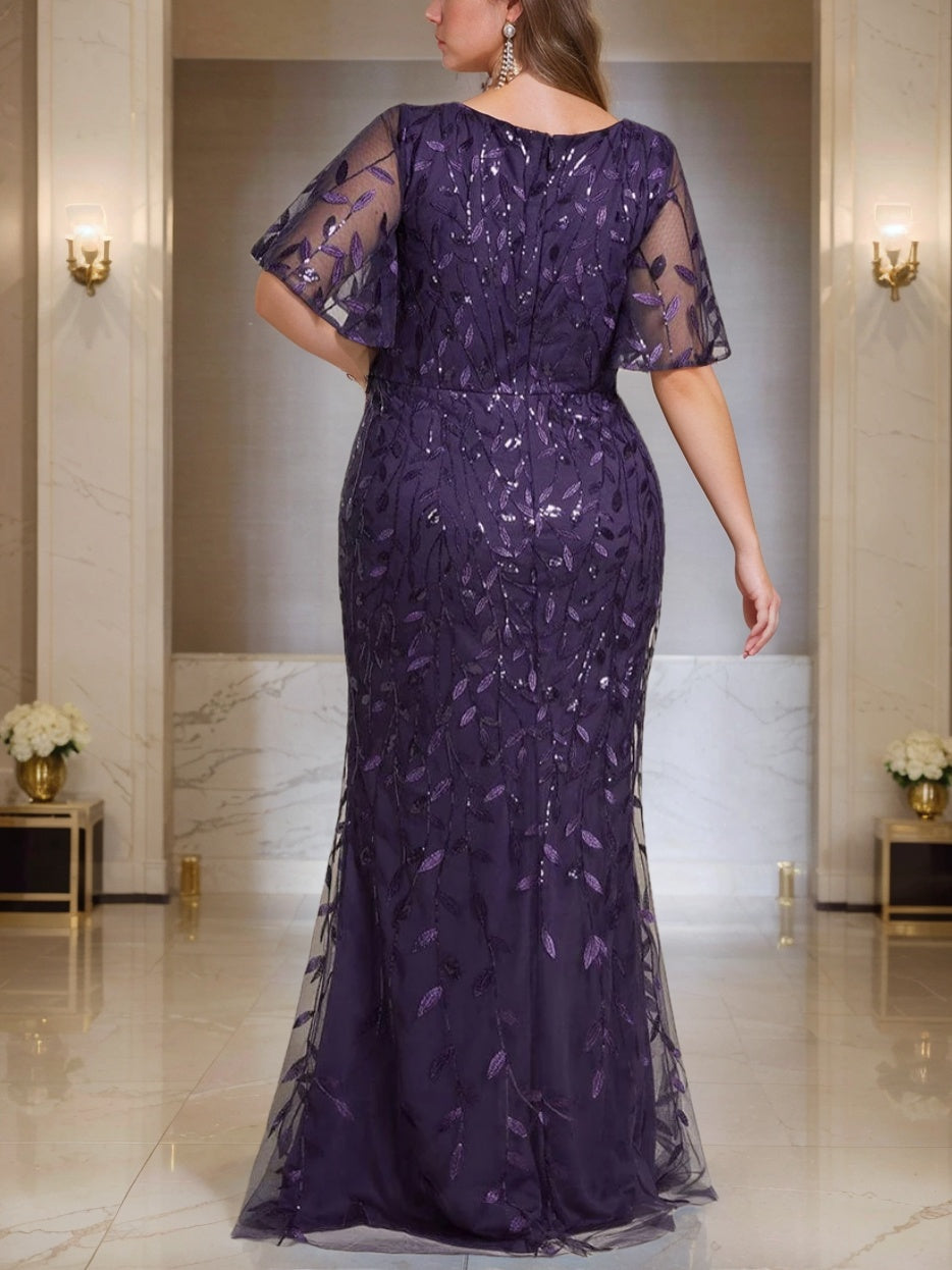 V Neck Short Sleeve Plus Size Long Sheath Dress with Sequins for the Mother of the Bride
