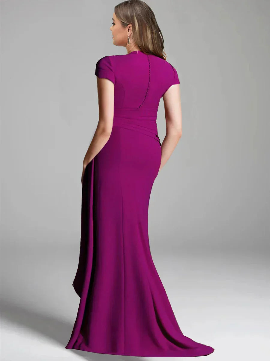 V Neck Short Sleeve Plus Size Mother of the Bride Long Sheath Dress with Side Split