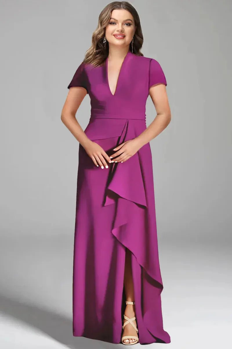 V Neck Short Sleeve Plus Size Mother of the Bride Long Sheath Dress with Side Split