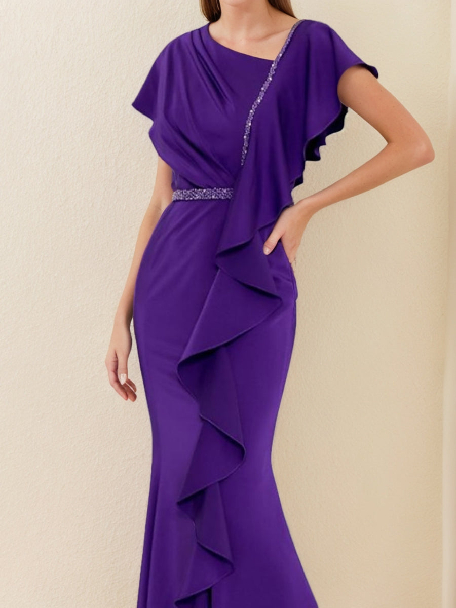 V Neck Short Sleeve Sheath Dress with Ruffles and Rhinestones for Mothers of the Bride & Groom